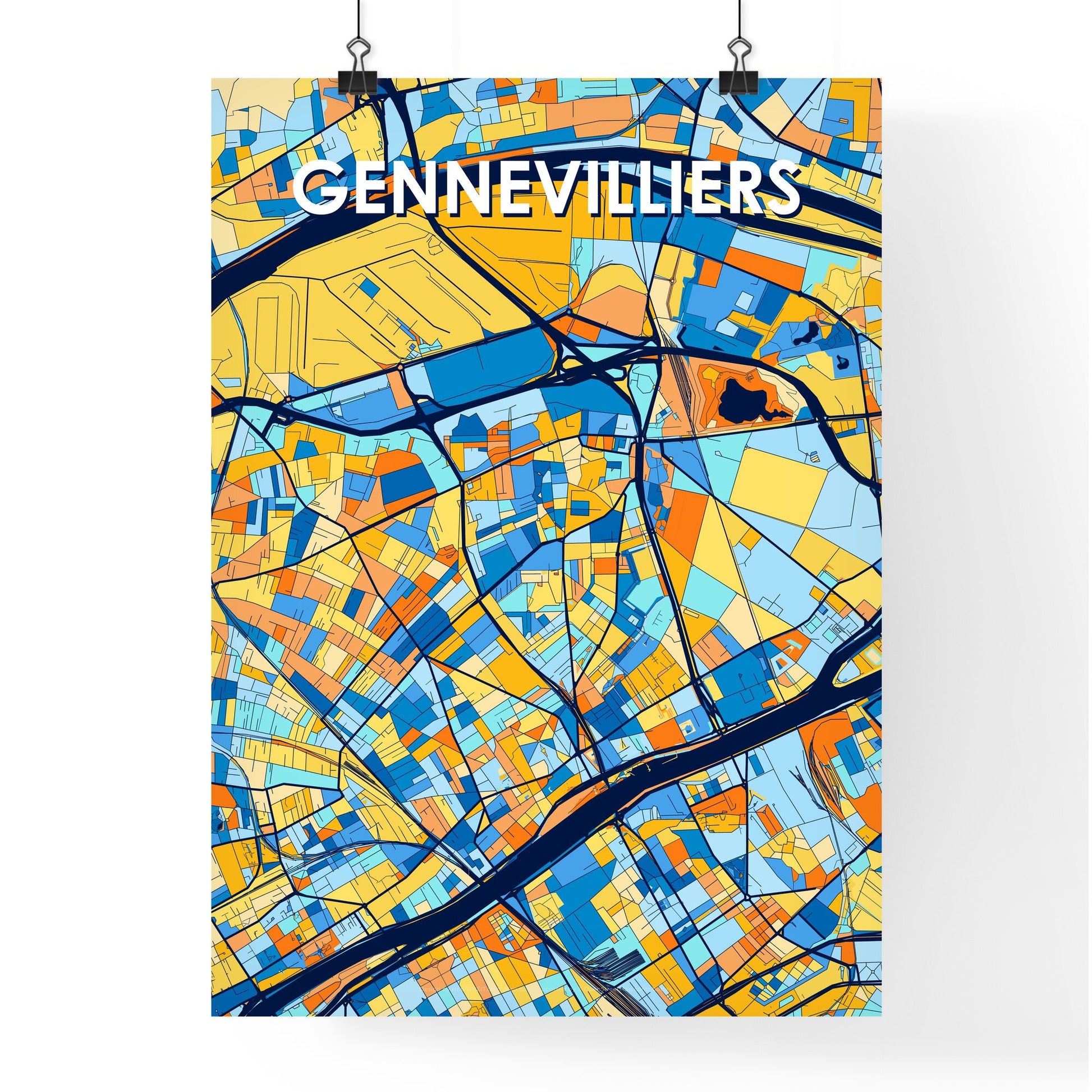 GENNEVILLIERS FRANCE Vibrant Colorful Art Map Poster Blue Orange