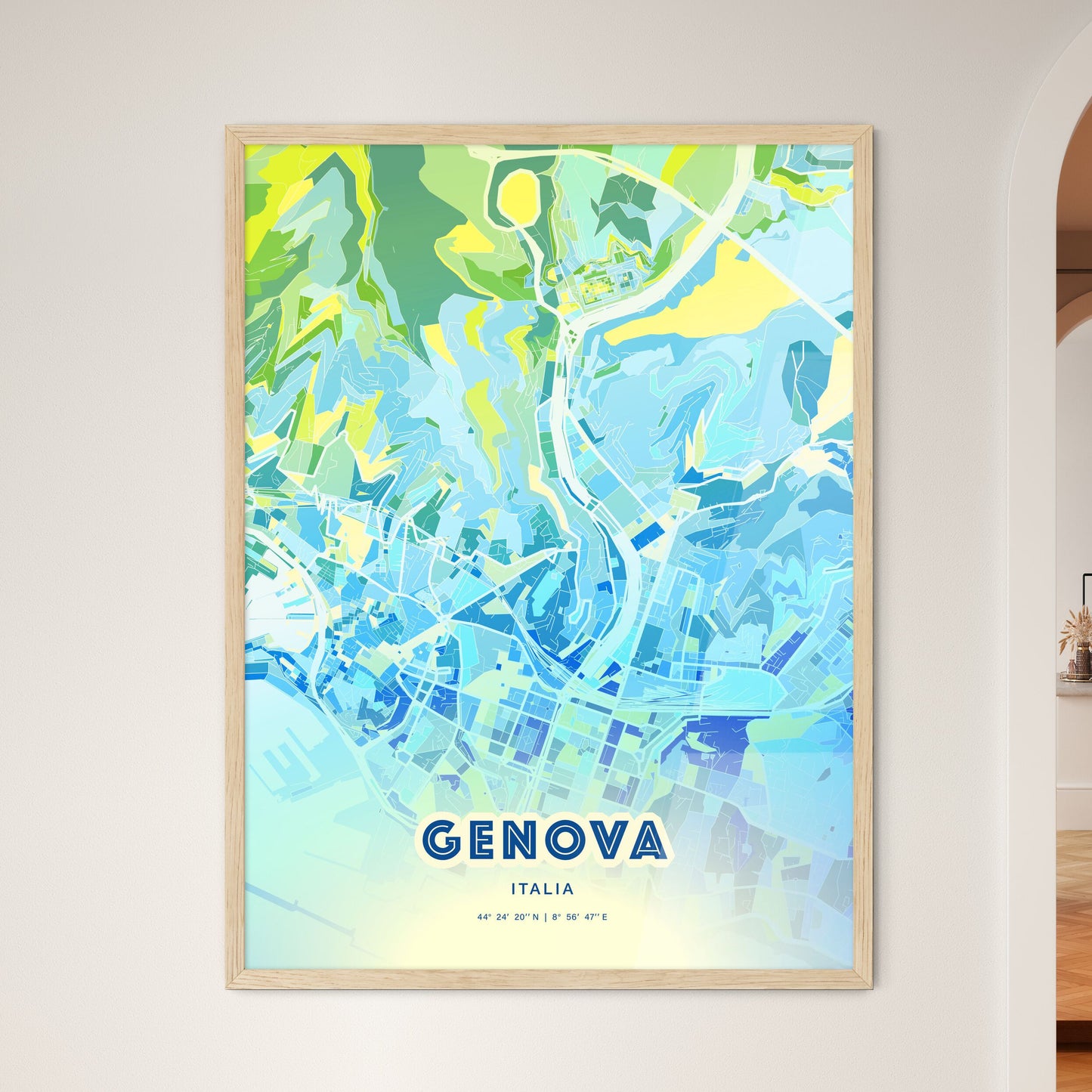 Colorful Genoa Italy Fine Art Map Cool Blue