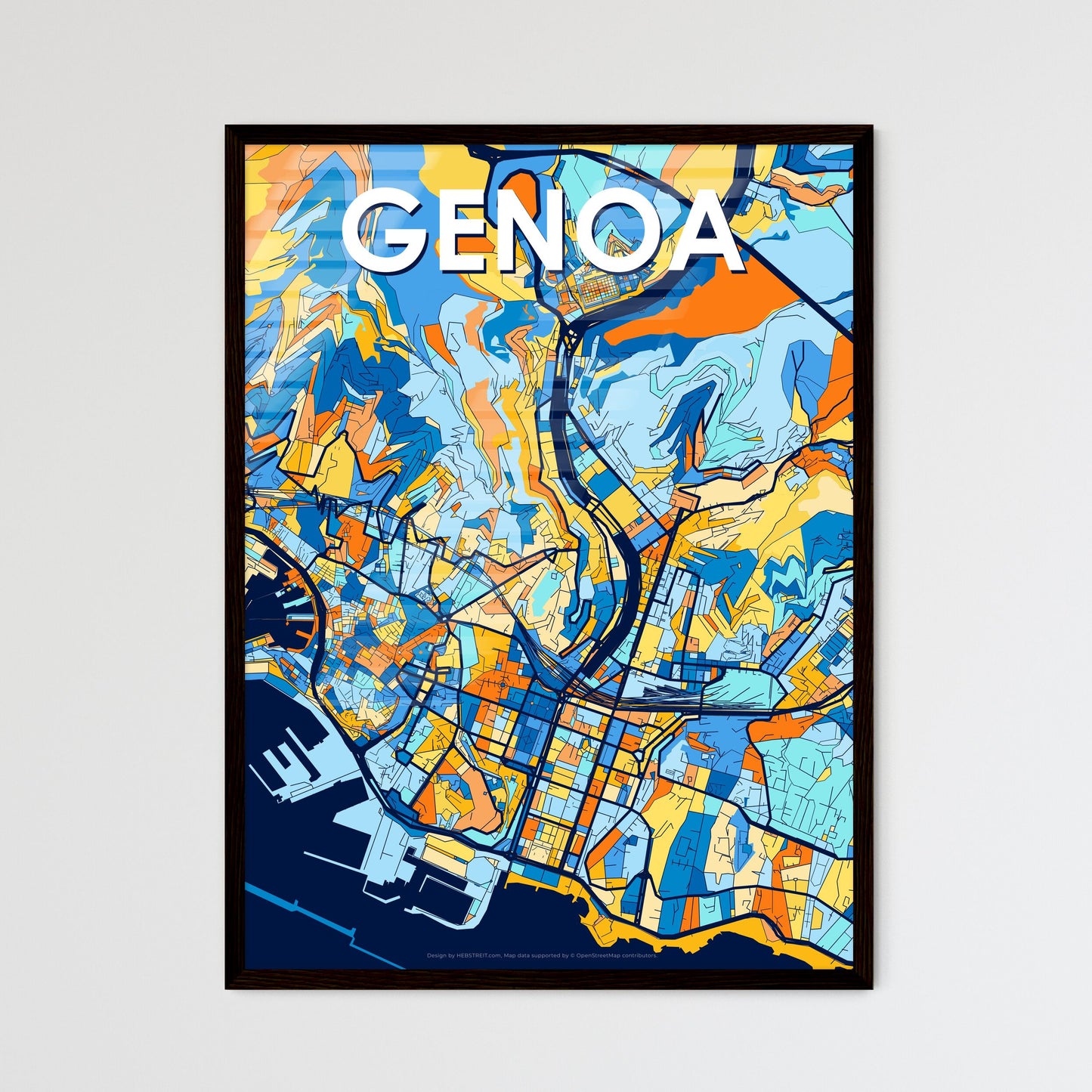 GENOA ITALY Vibrant Colorful Art Map Poster Blue Orange