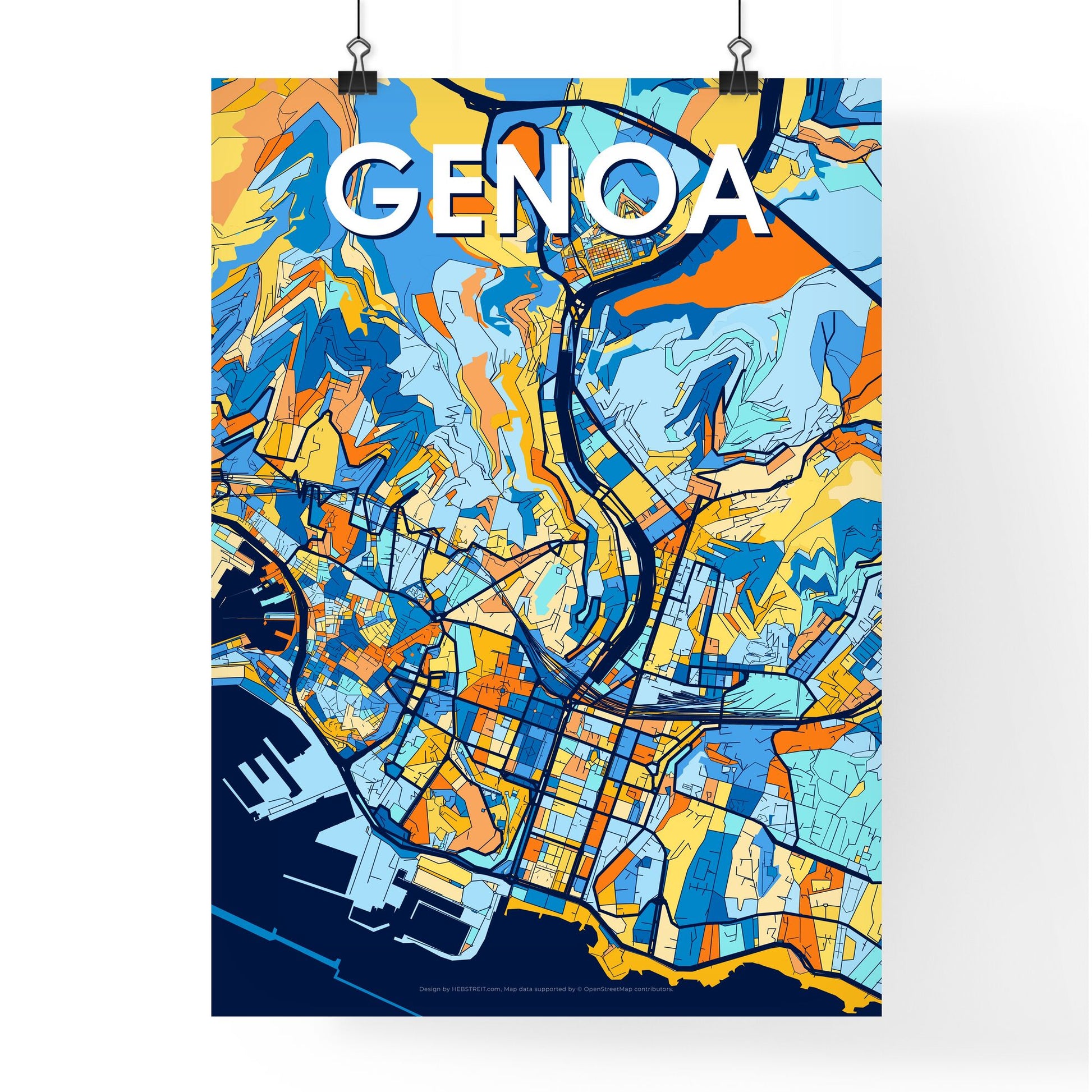 GENOA ITALY Vibrant Colorful Art Map Poster Blue Orange