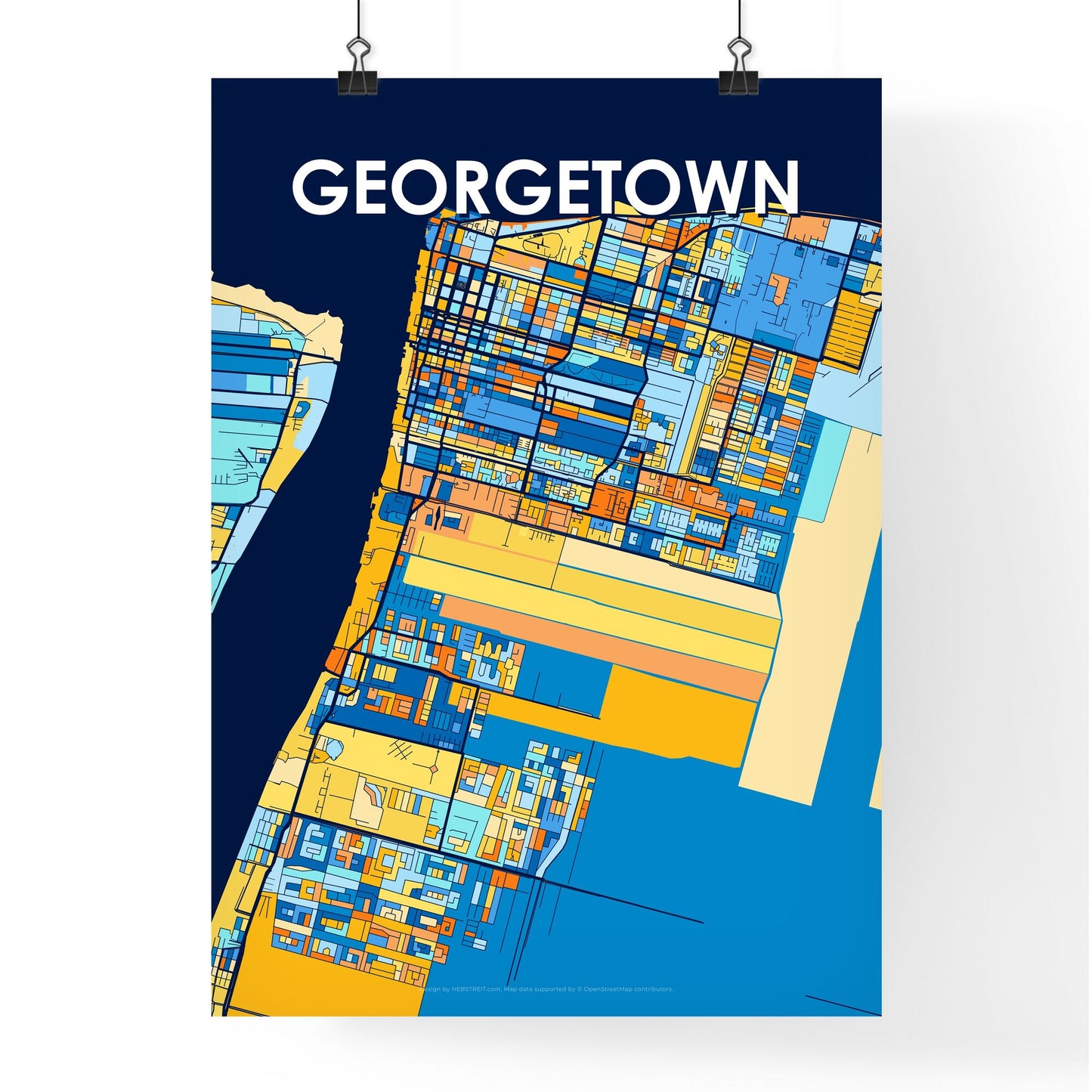 GEORGETOWN GUYANA Vibrant Colorful Art Map Poster Blue Orange