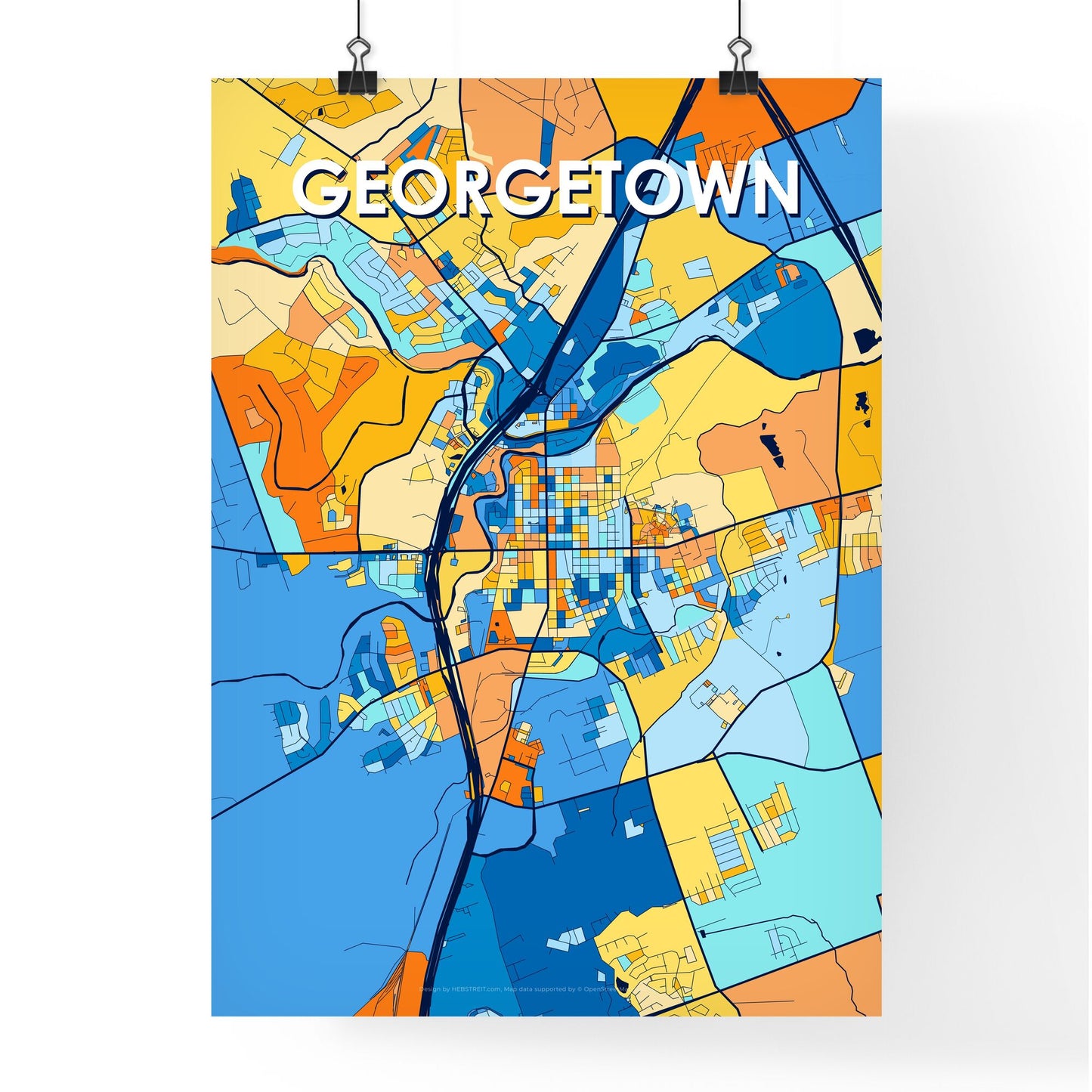 GEORGETOWN TEXAS Vibrant Colorful Art Map Poster Blue Orange