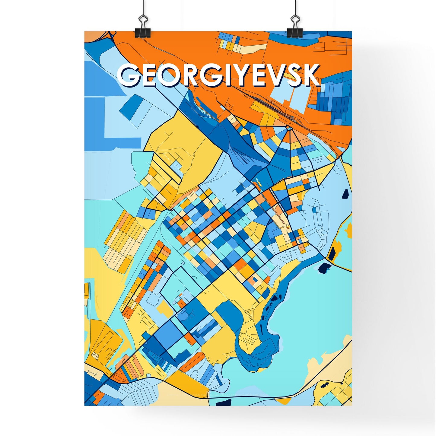 GEORGIYEVSK RUSSIA Vibrant Colorful Art Map Poster Blue Orange