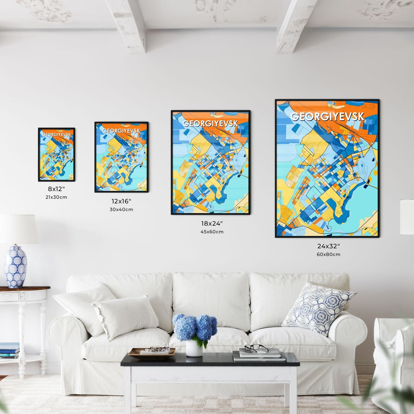 GEORGIYEVSK RUSSIA Vibrant Colorful Art Map Poster Blue Orange