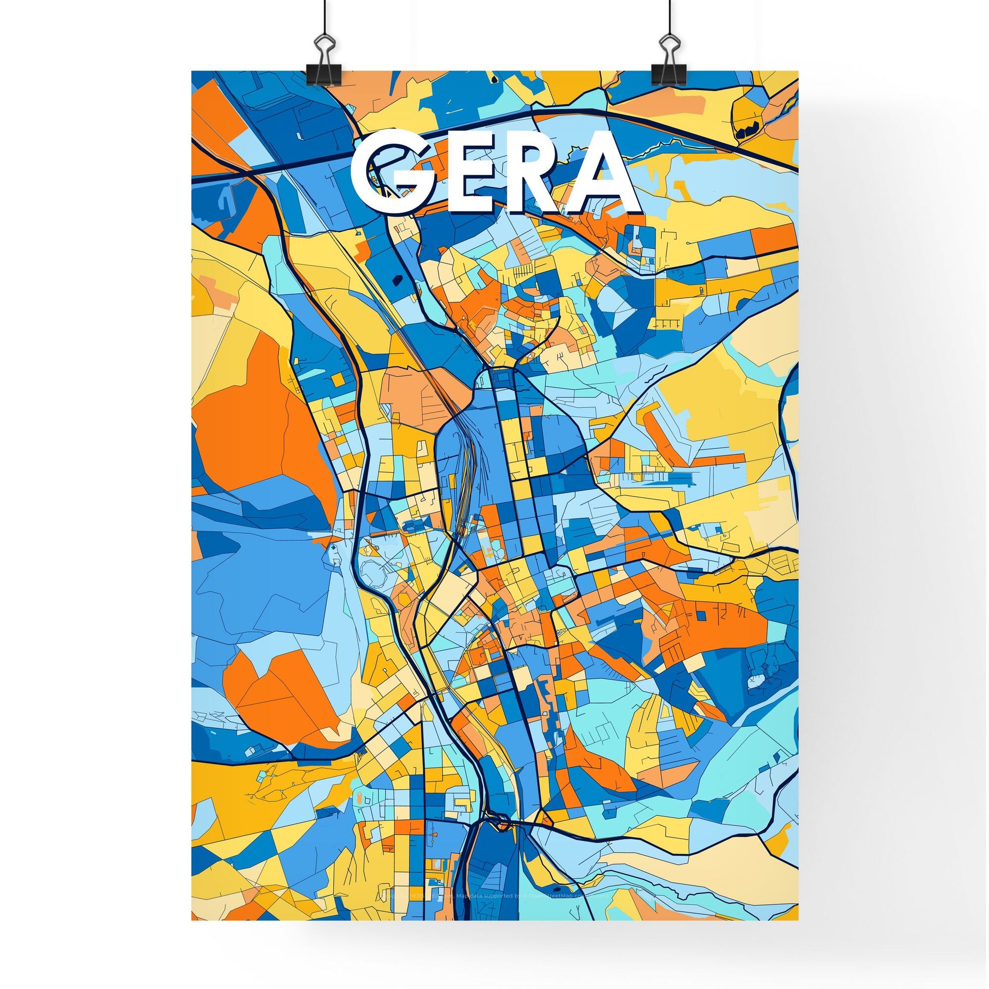 GERA GERMANY Vibrant Colorful Art Map Poster Blue Orange