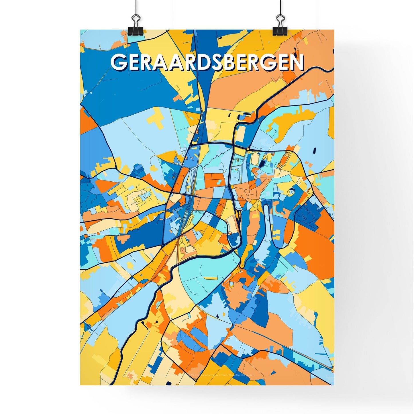 GERAARDSBERGEN BELGIUM Vibrant Colorful Art Map Poster Blue Orange