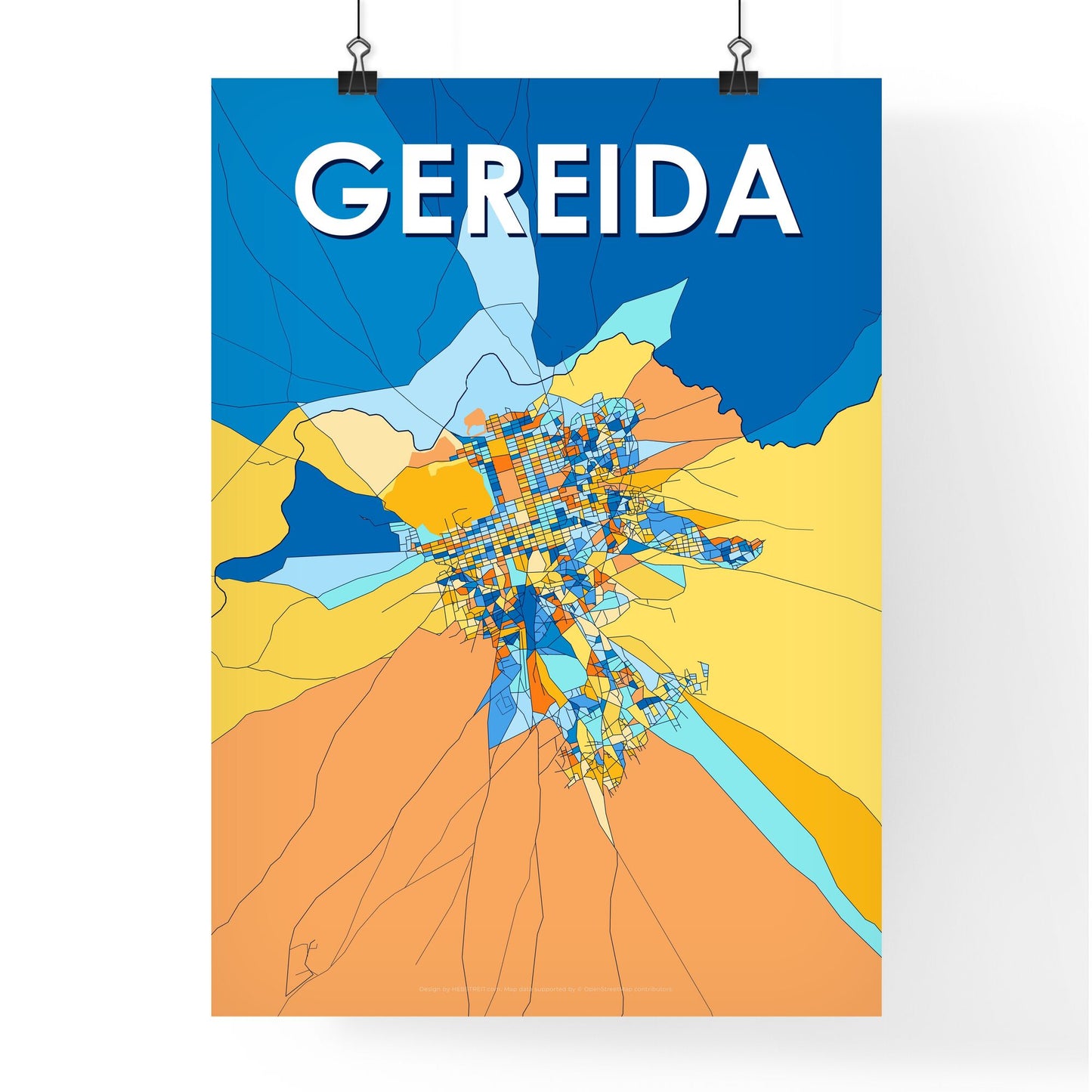 GEREIDA SUDAN Vibrant Colorful Art Map Poster Blue Orange