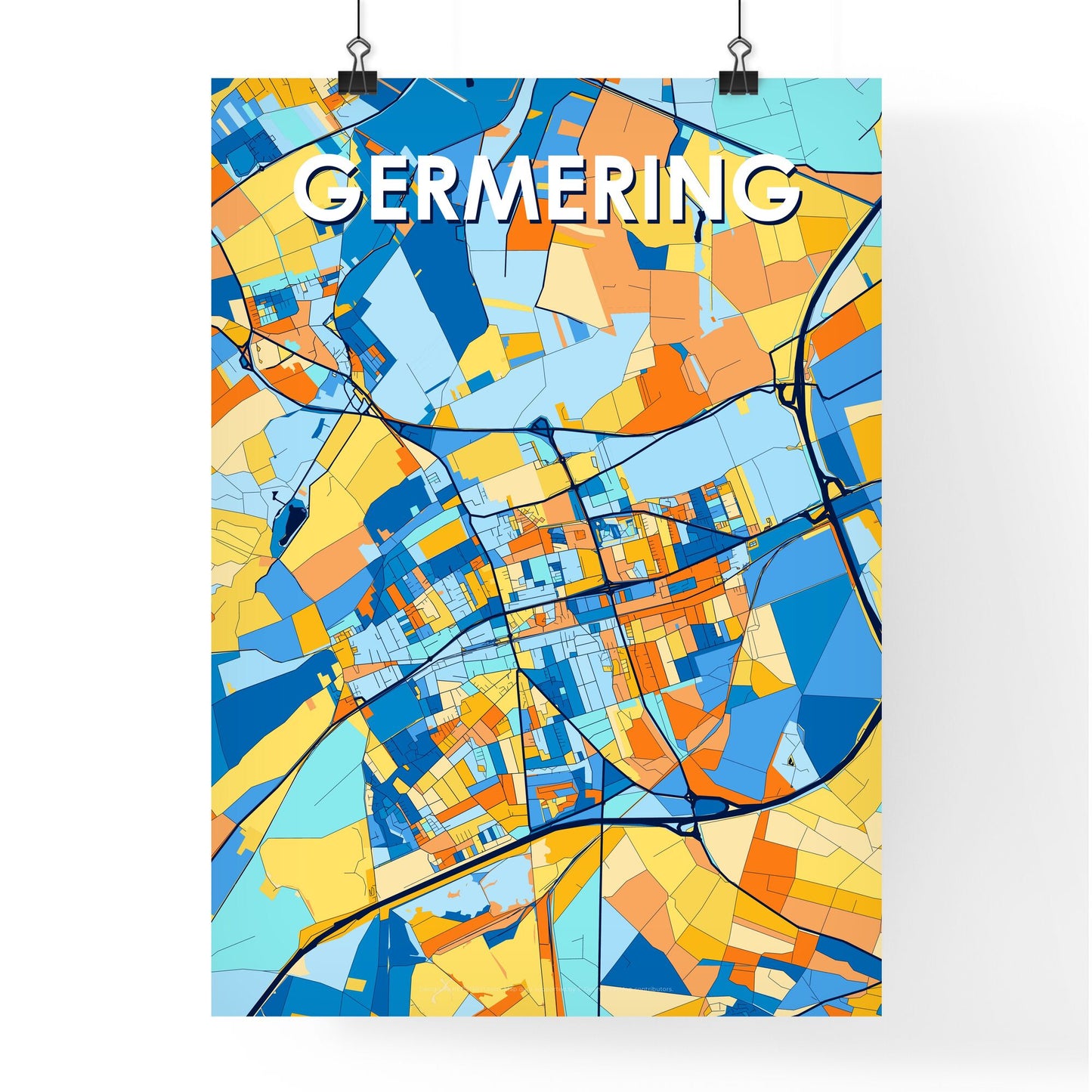 GERMERING GERMANY Vibrant Colorful Art Map Poster Blue Orange