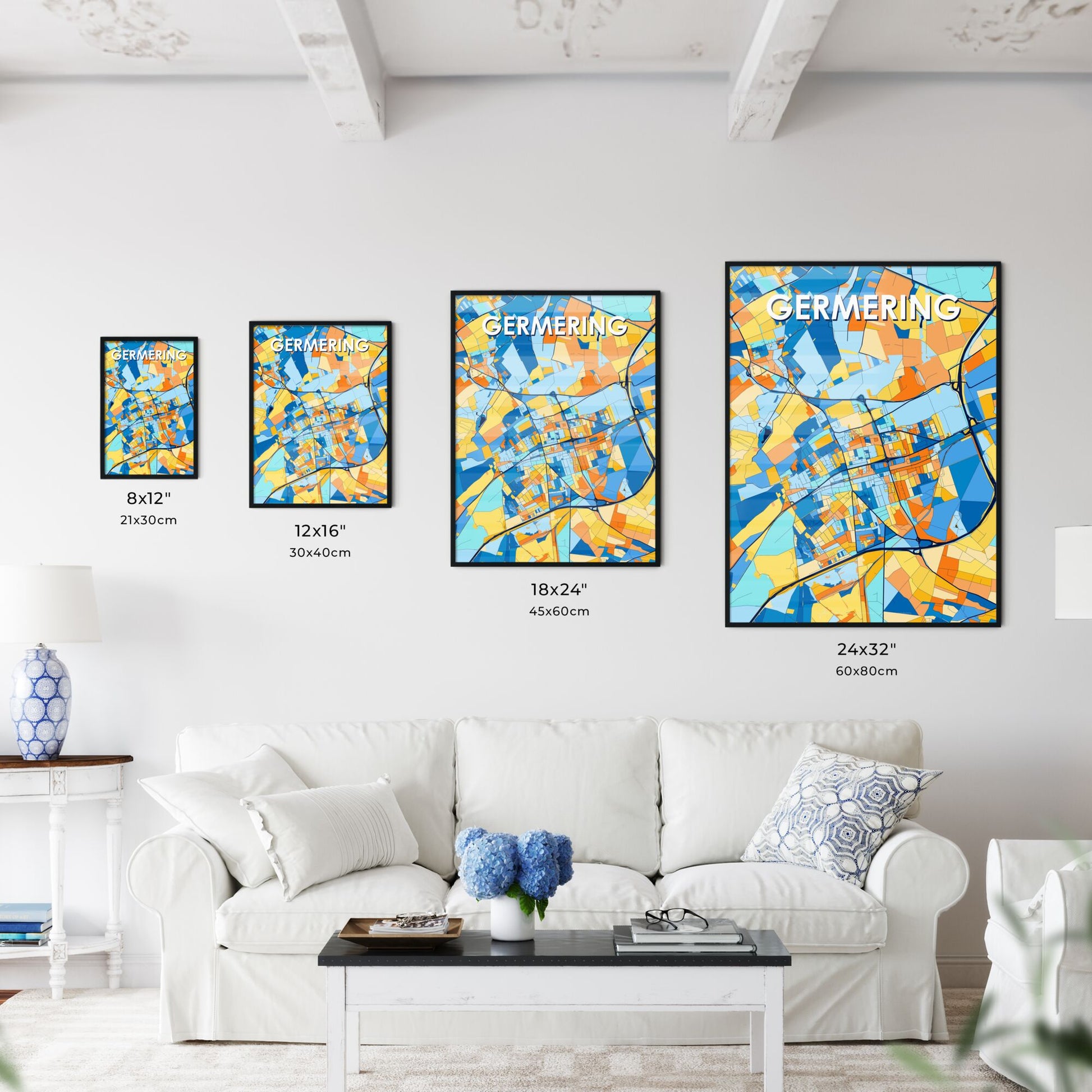 GERMERING GERMANY Vibrant Colorful Art Map Poster Blue Orange