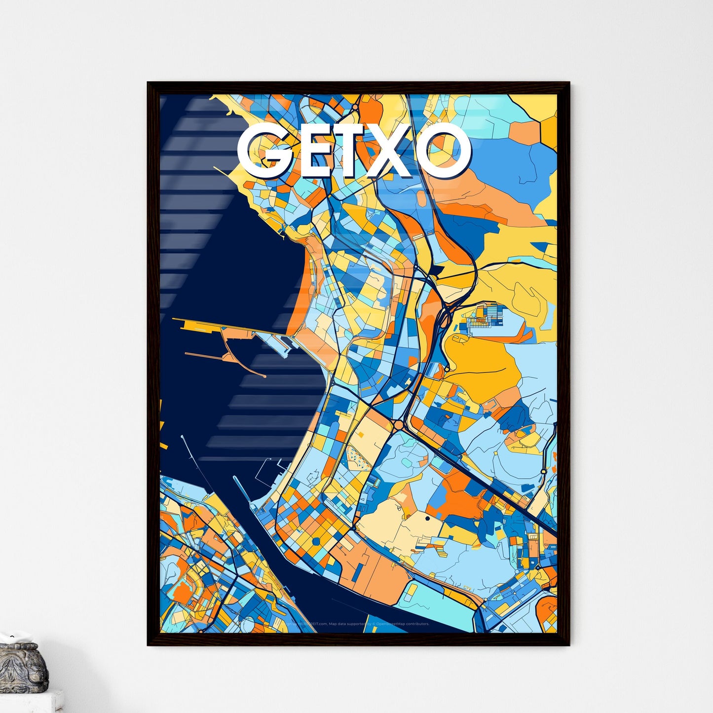 GETXO SPAIN Vibrant Colorful Art Map Poster Blue Orange