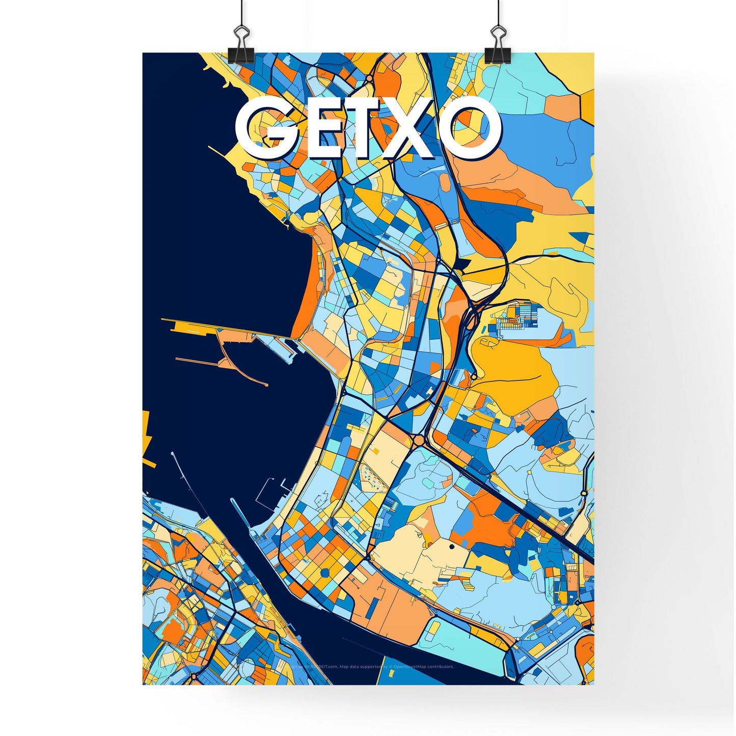 GETXO SPAIN Vibrant Colorful Art Map Poster Blue Orange