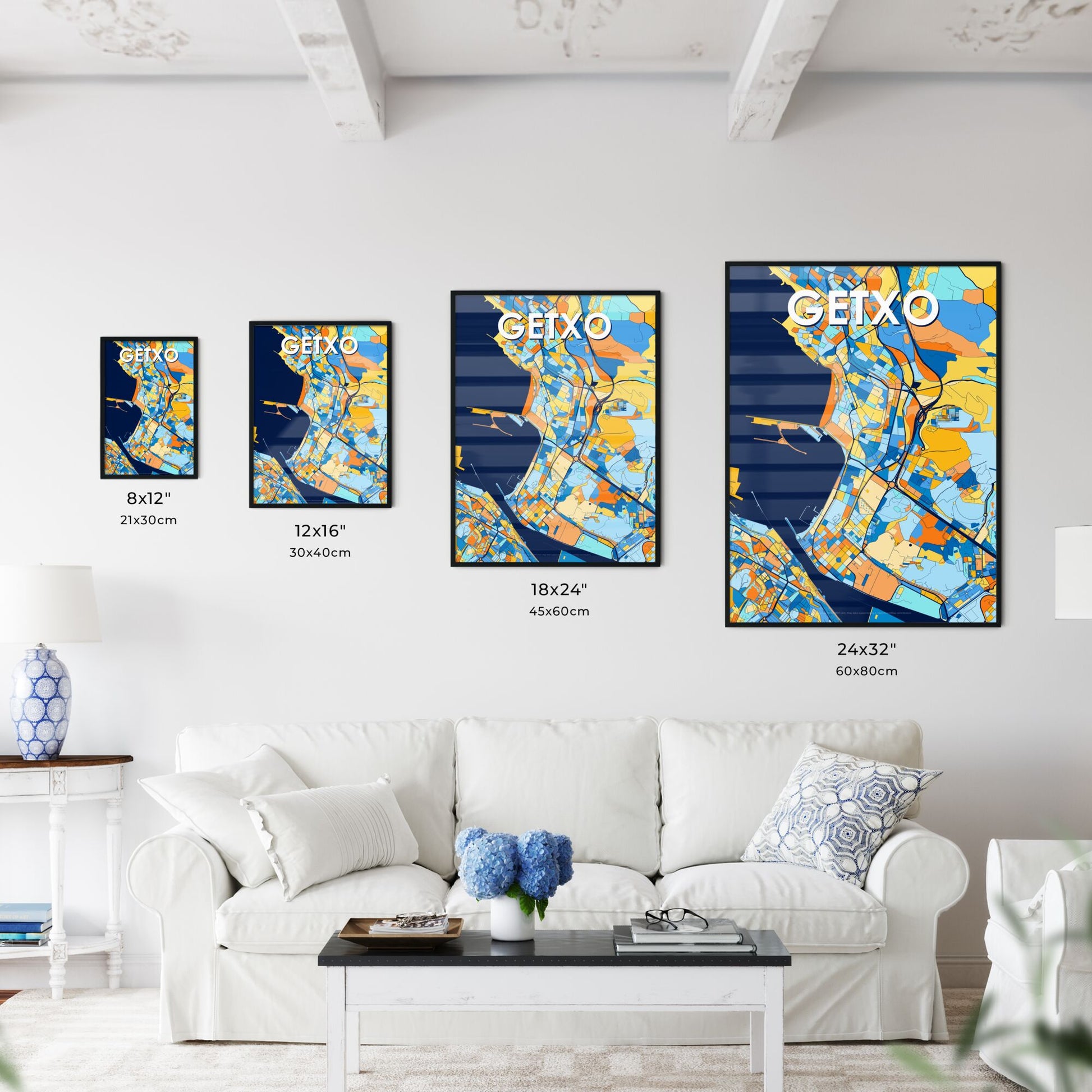 GETXO SPAIN Vibrant Colorful Art Map Poster Blue Orange