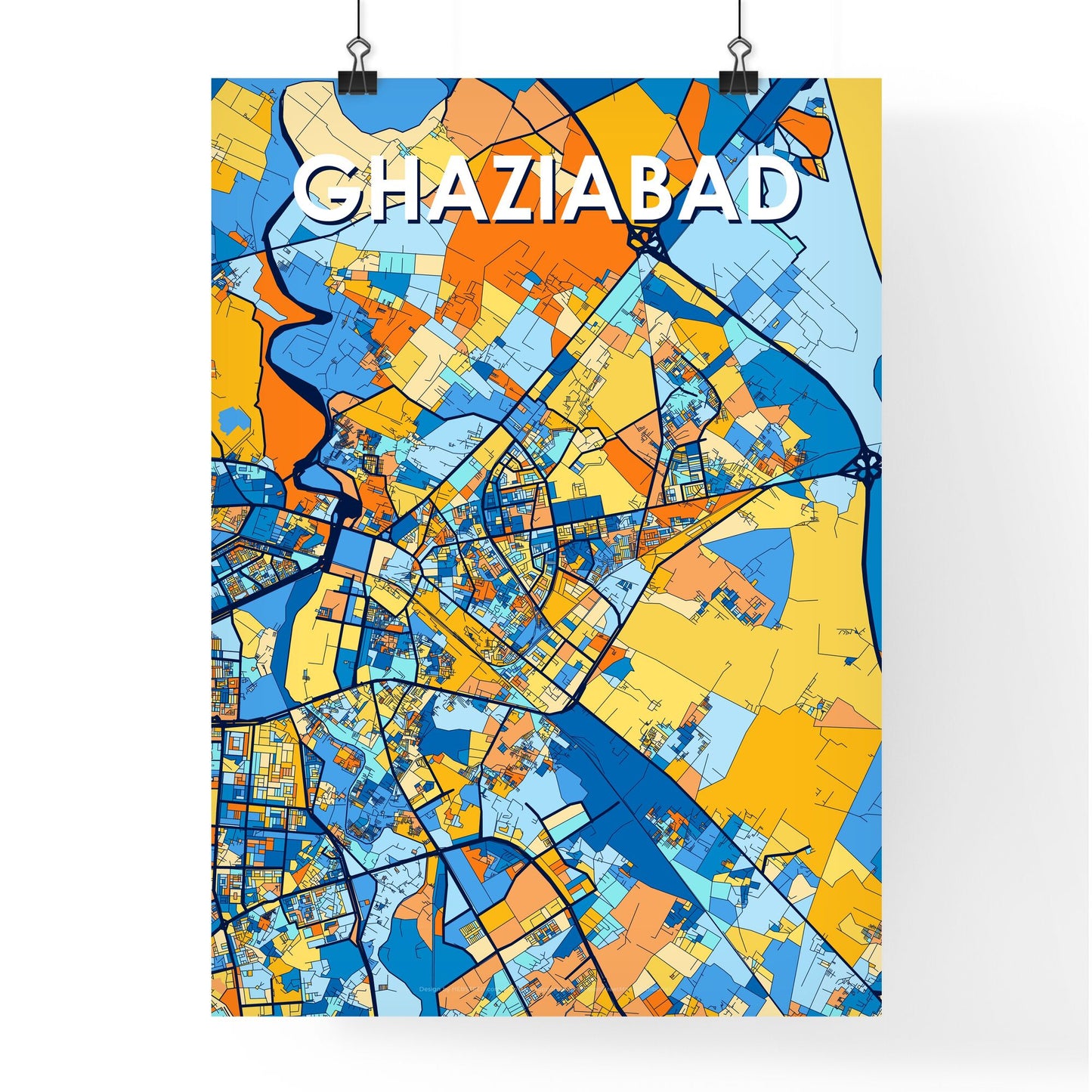 GHAZIABAD INDIA Vibrant Colorful Art Map Poster Blue Orange