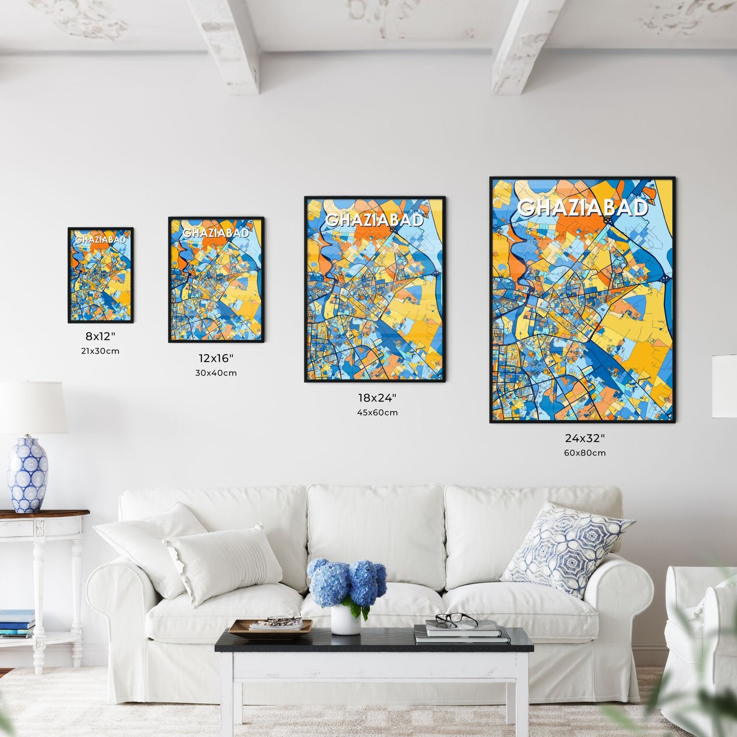 GHAZIABAD INDIA Vibrant Colorful Art Map Poster Blue Orange