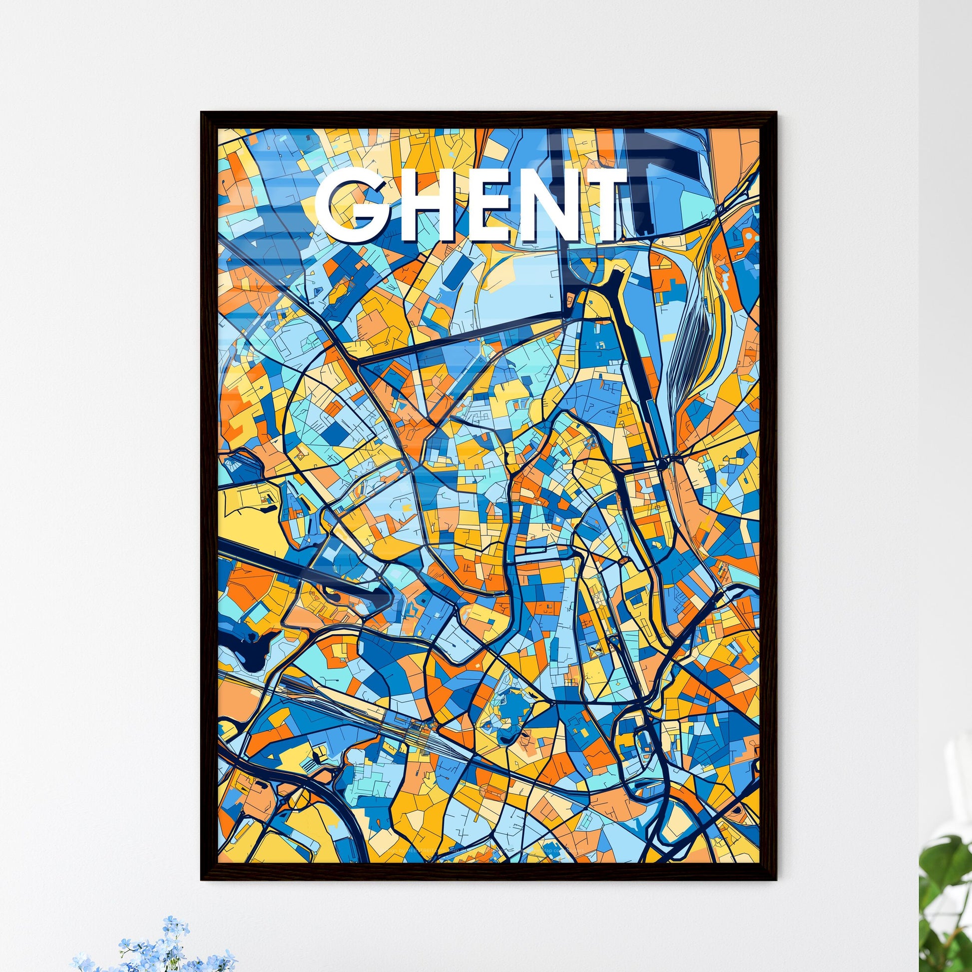 GHENT BELGIUM Vibrant Colorful Art Map Poster Blue Orange