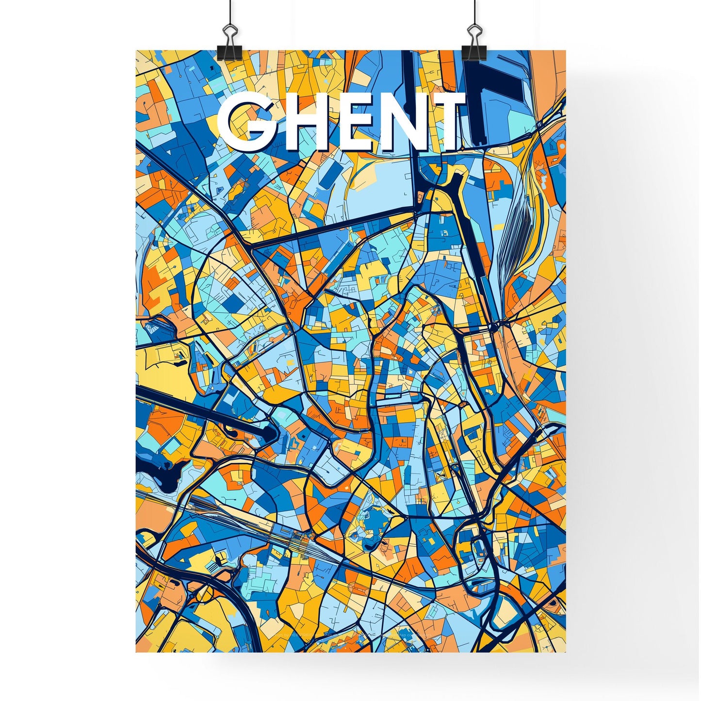 GHENT BELGIUM Vibrant Colorful Art Map Poster Blue Orange