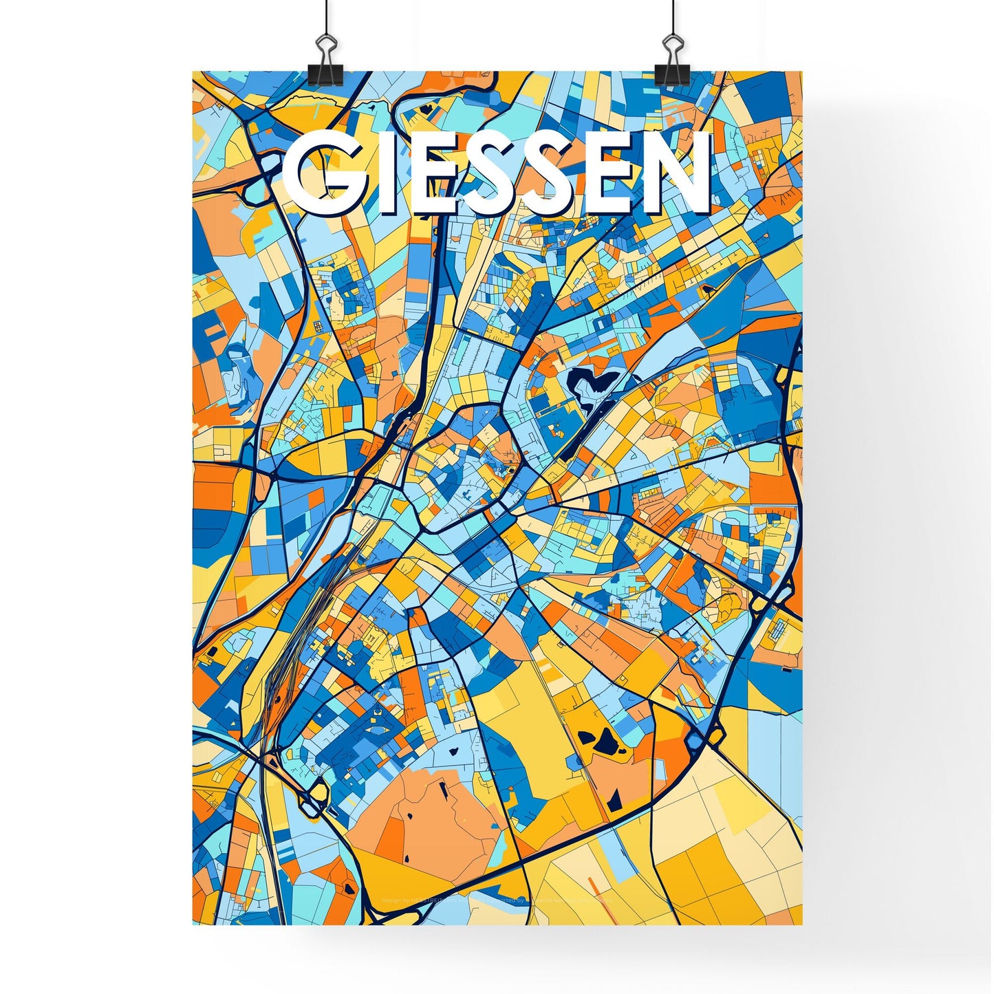 GIESSEN GERMANY Vibrant Colorful Art Map Poster Blue Orange