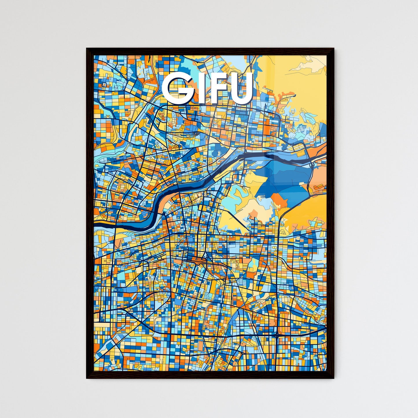 GIFU JAPAN Vibrant Colorful Art Map Poster Blue Orange