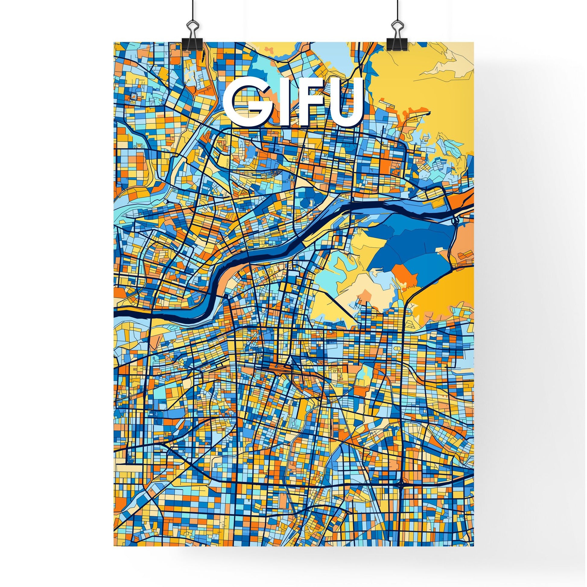 GIFU JAPAN Vibrant Colorful Art Map Poster Blue Orange