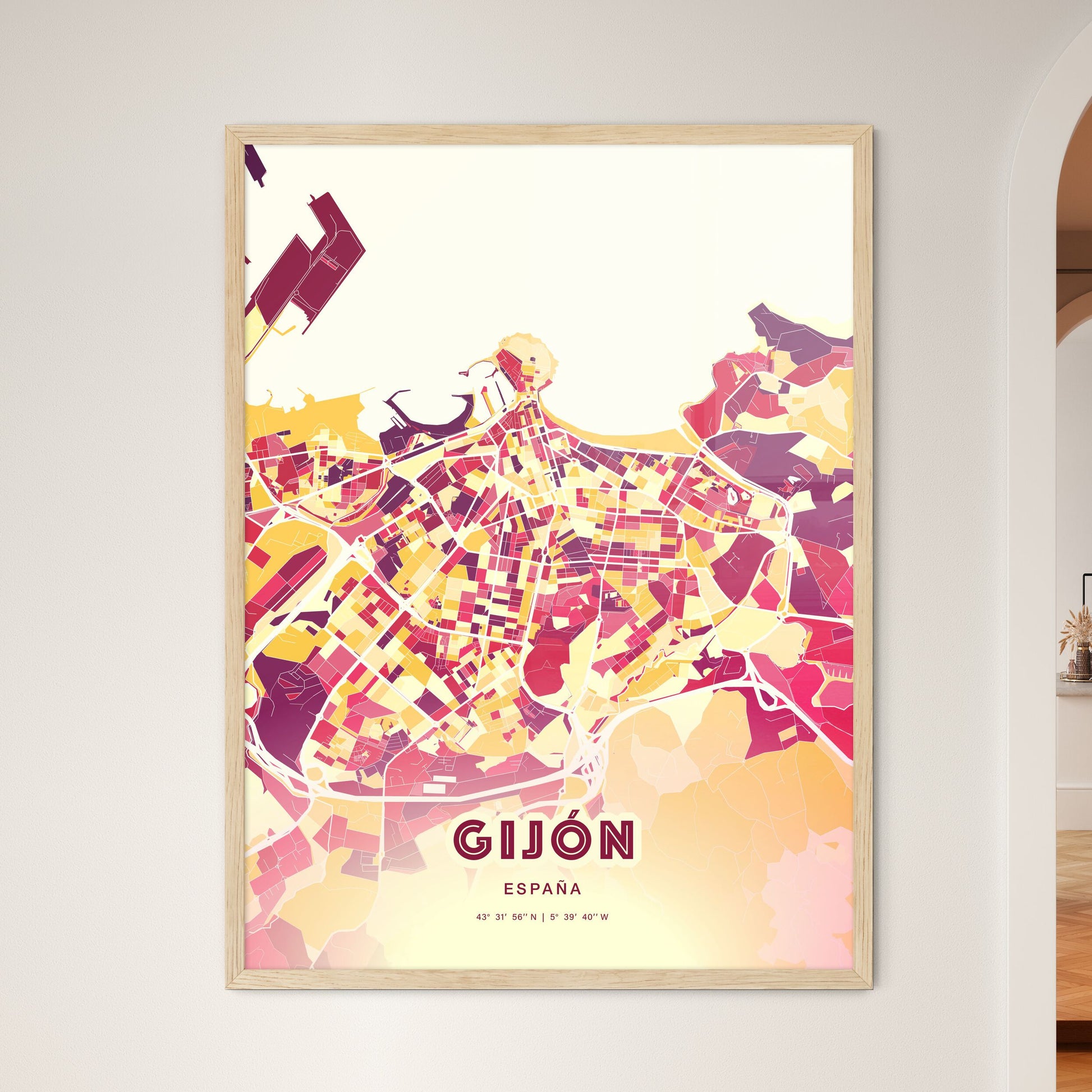 Colorful Gijón Spain Fine Art Map Hot Red