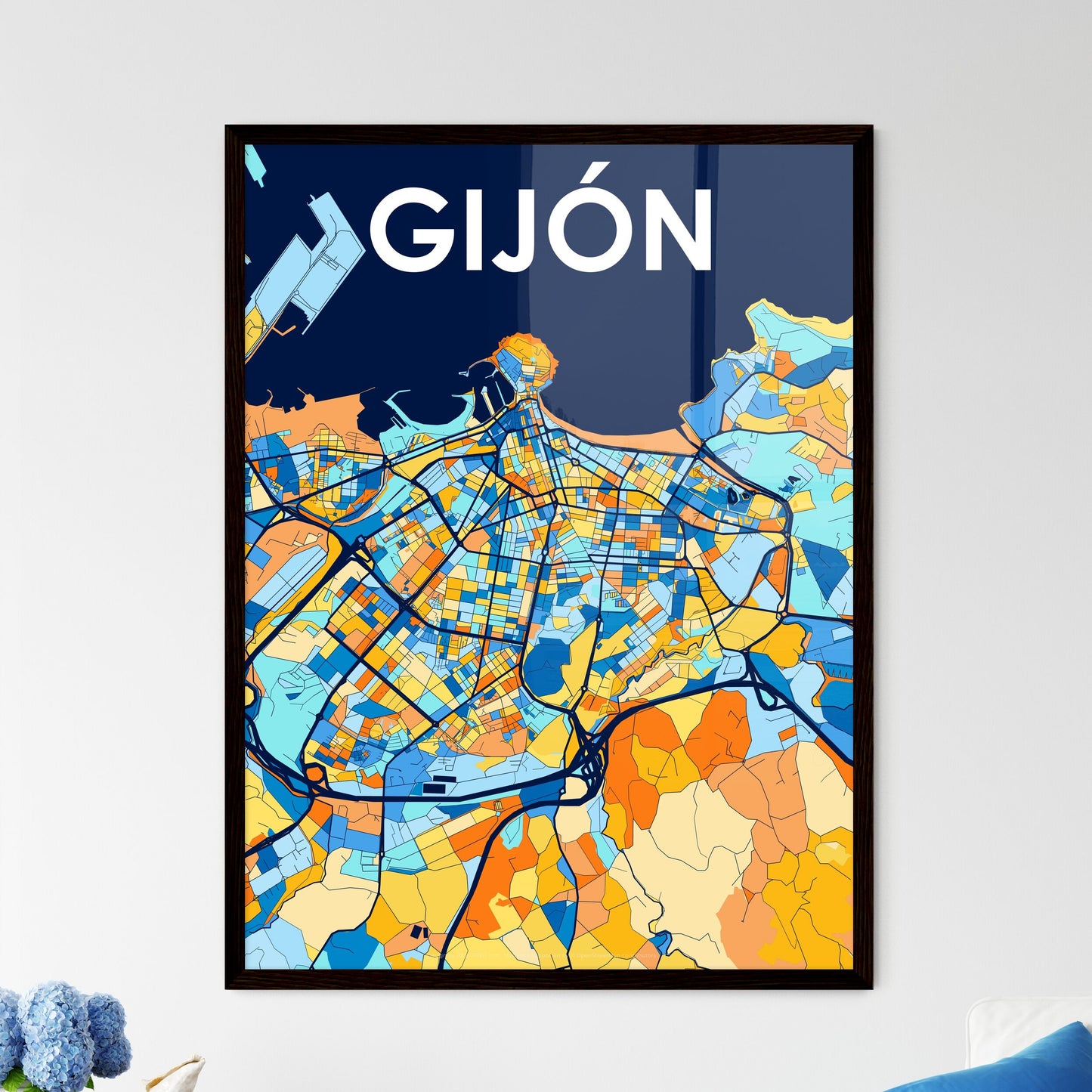 GIJÓN SPAIN Vibrant Colorful Art Map Poster Blue Orange