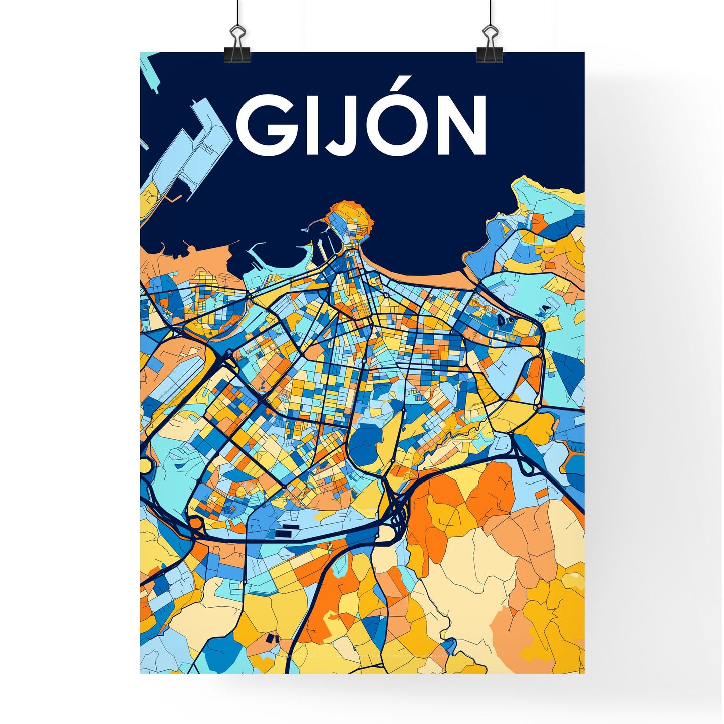 GIJÓN SPAIN Vibrant Colorful Art Map Poster Blue Orange