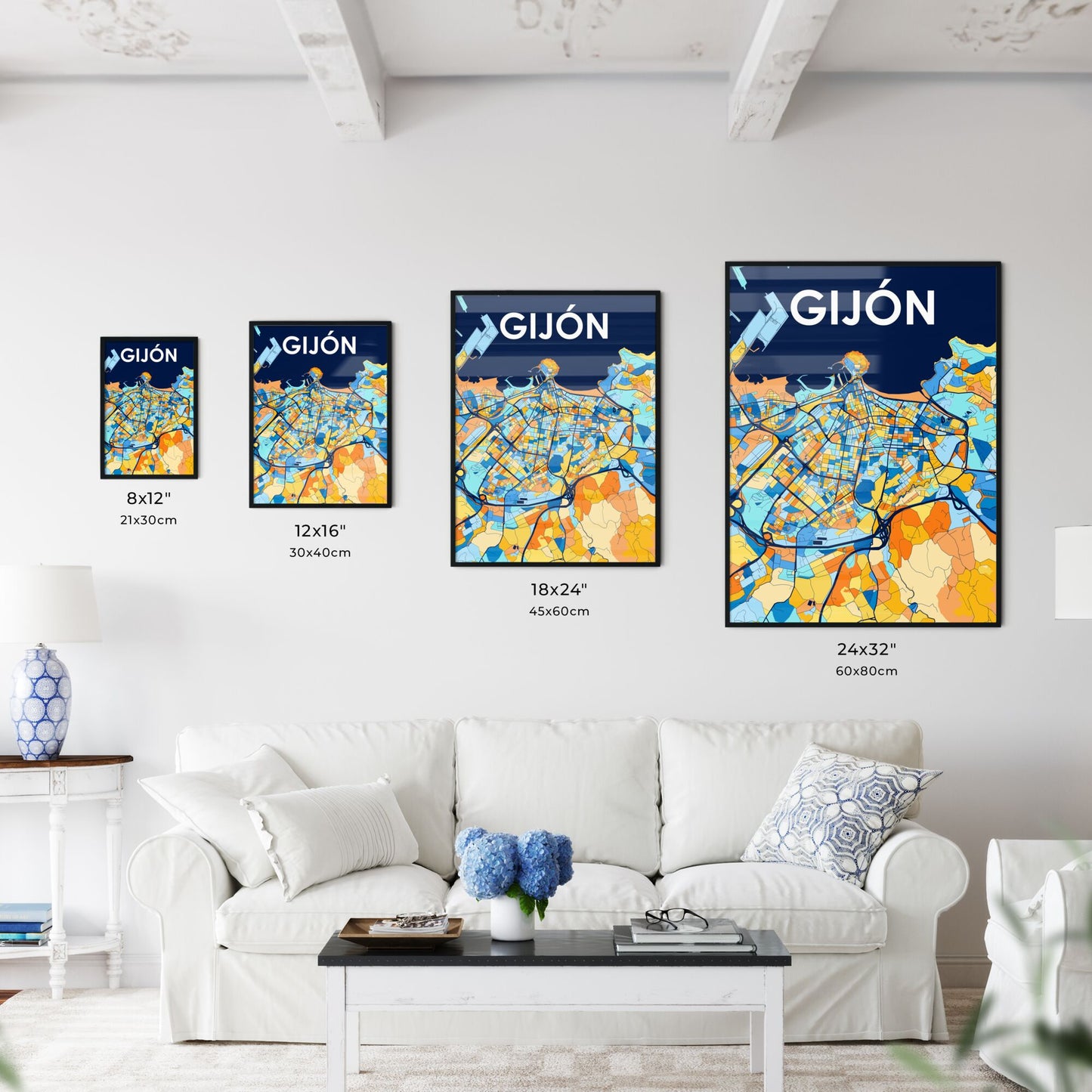 GIJÓN SPAIN Vibrant Colorful Art Map Poster Blue Orange