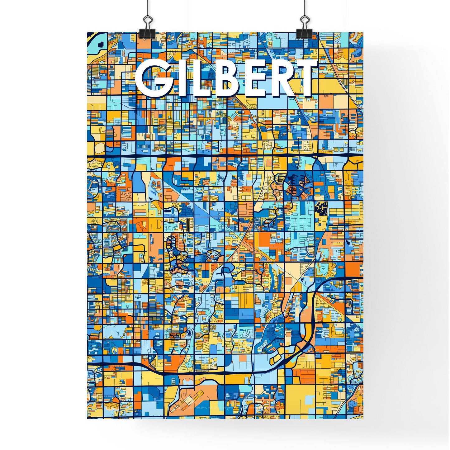 GILBERT ARIZONA Vibrant Colorful Art Map Poster Blue Orange