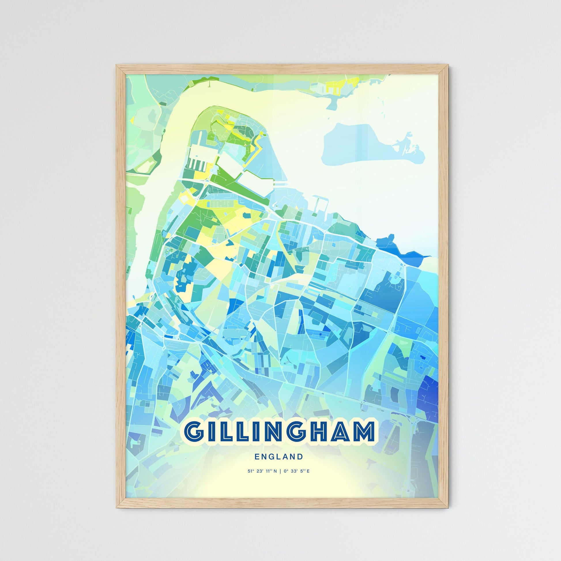 Colorful Gillingham England Fine Art Map Cool Blue