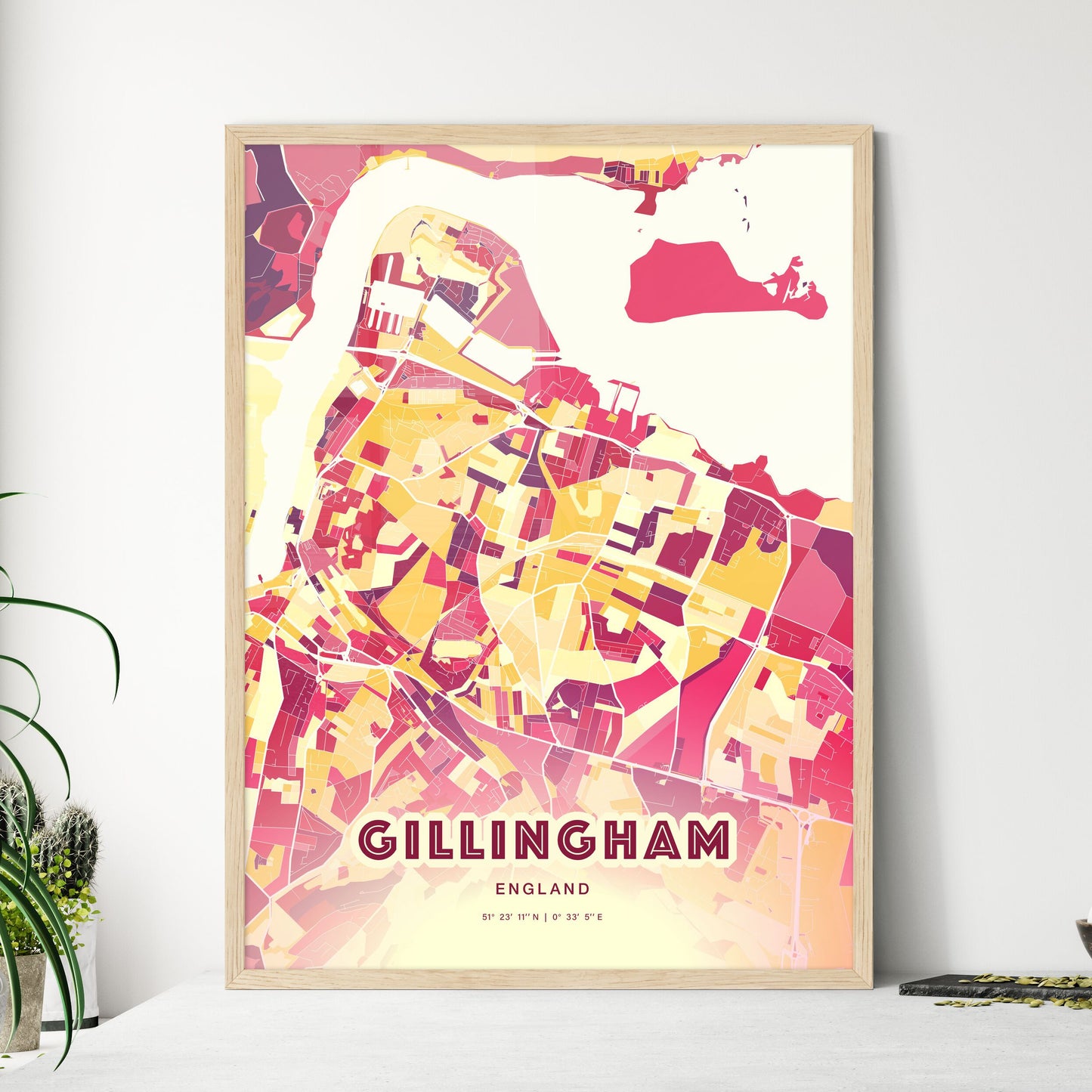 Colorful Gillingham England Fine Art Map Hot Red