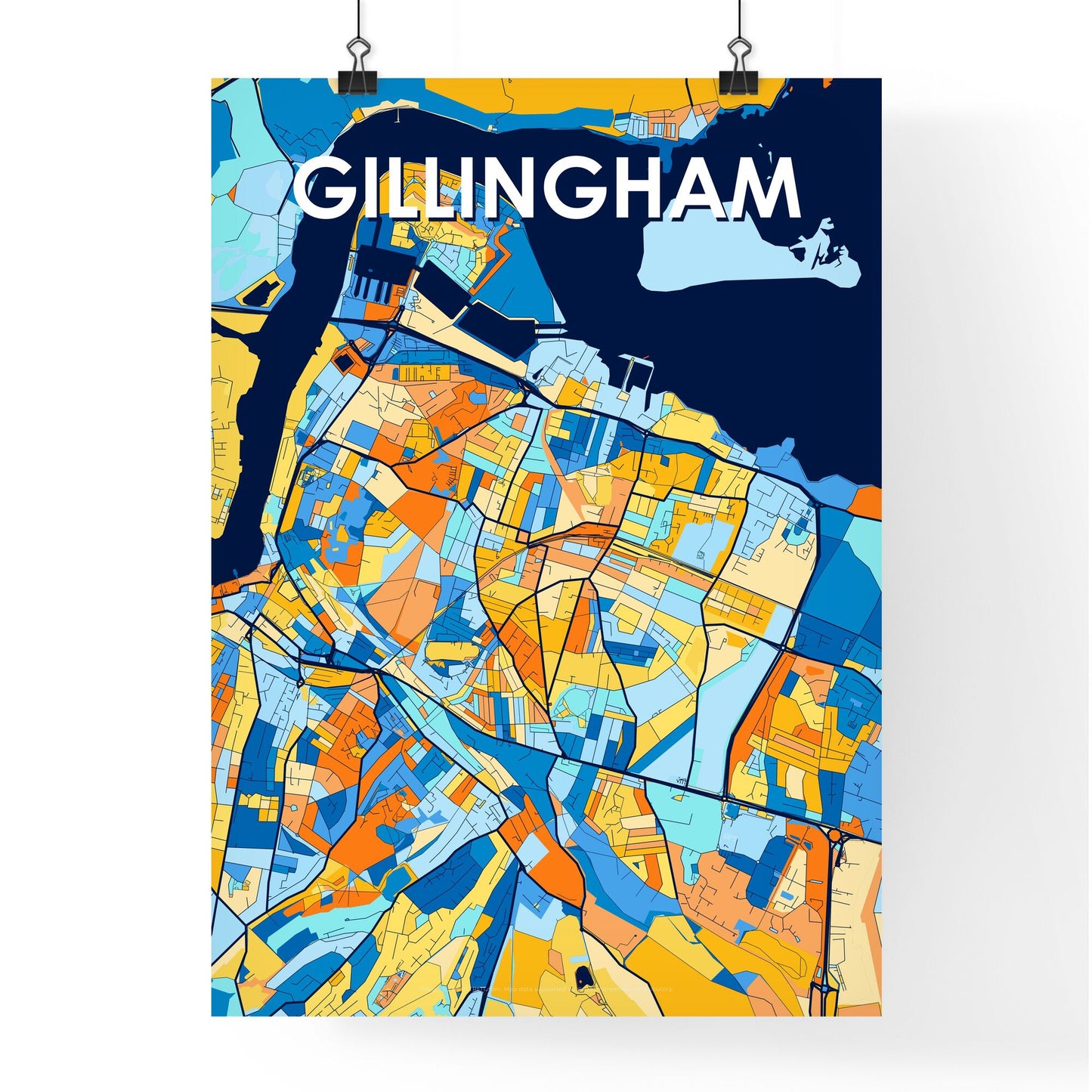 GILLINGHAM ENGLAND Vibrant Colorful Art Map Poster Blue Orange