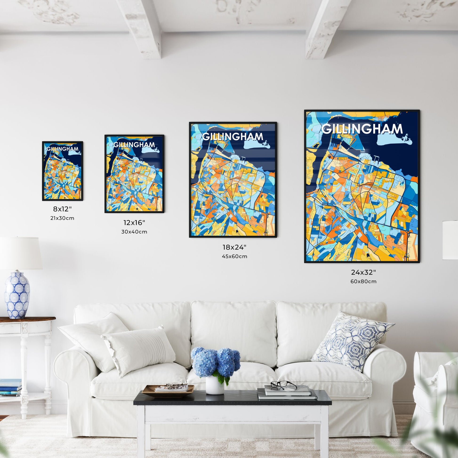 GILLINGHAM ENGLAND Vibrant Colorful Art Map Poster Blue Orange