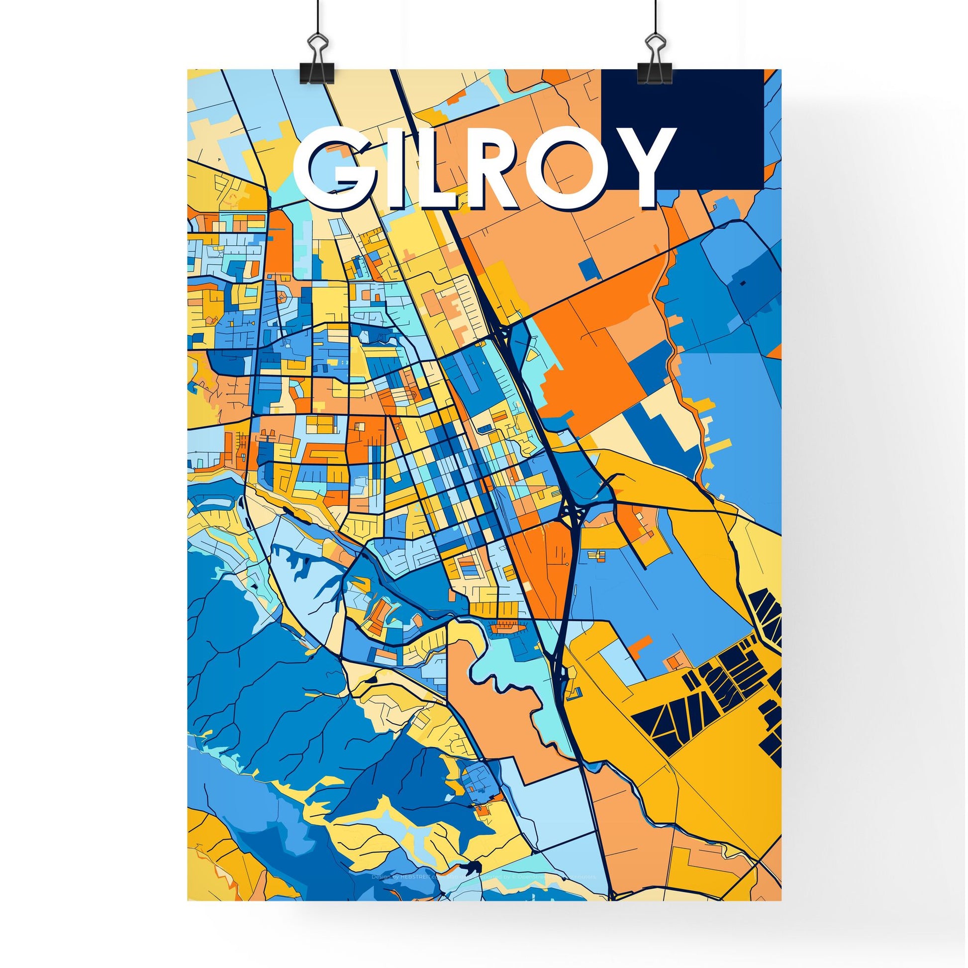 GILROY CALIFORNIA Vibrant Colorful Art Map Poster Blue Orange