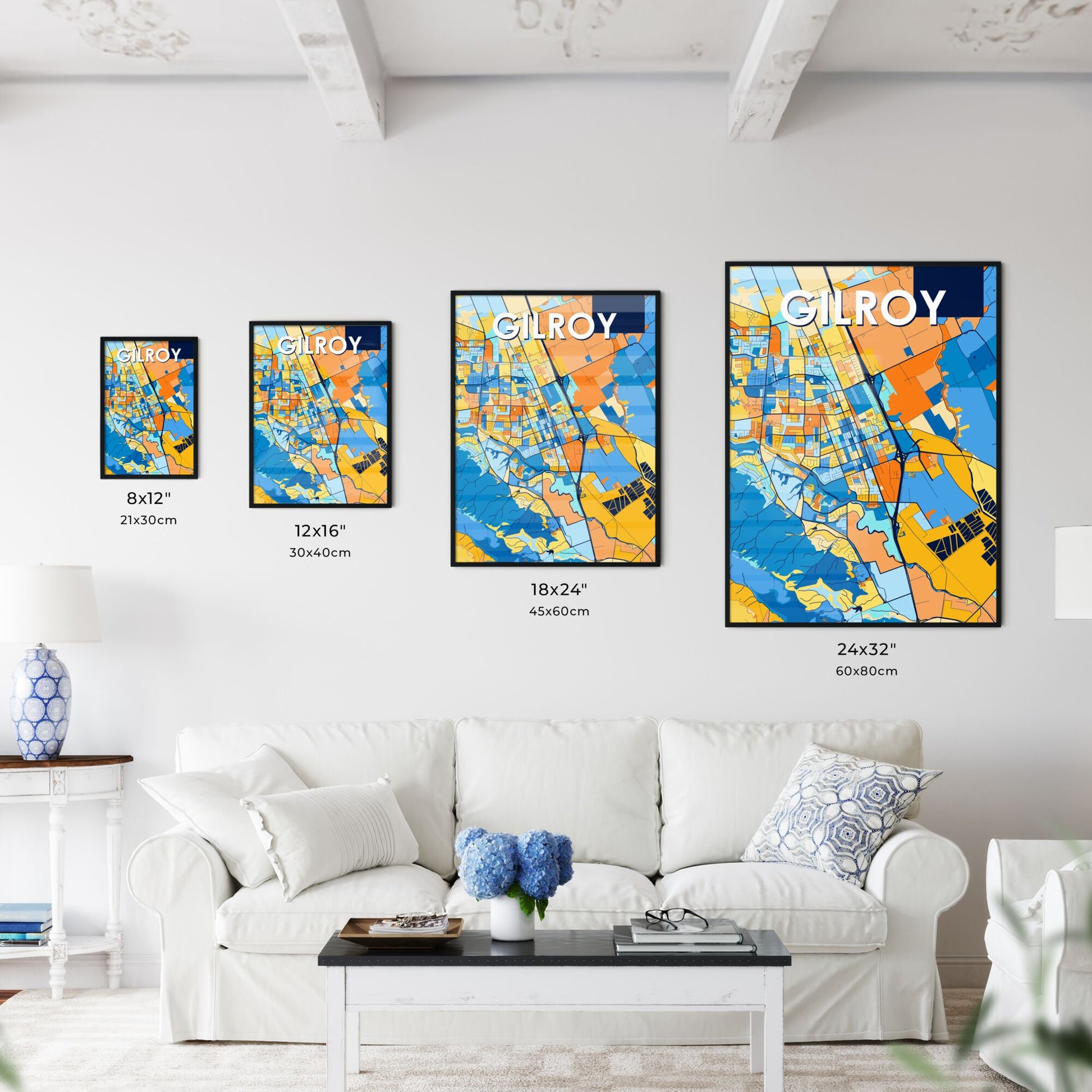 GILROY CALIFORNIA Vibrant Colorful Art Map Poster Blue Orange