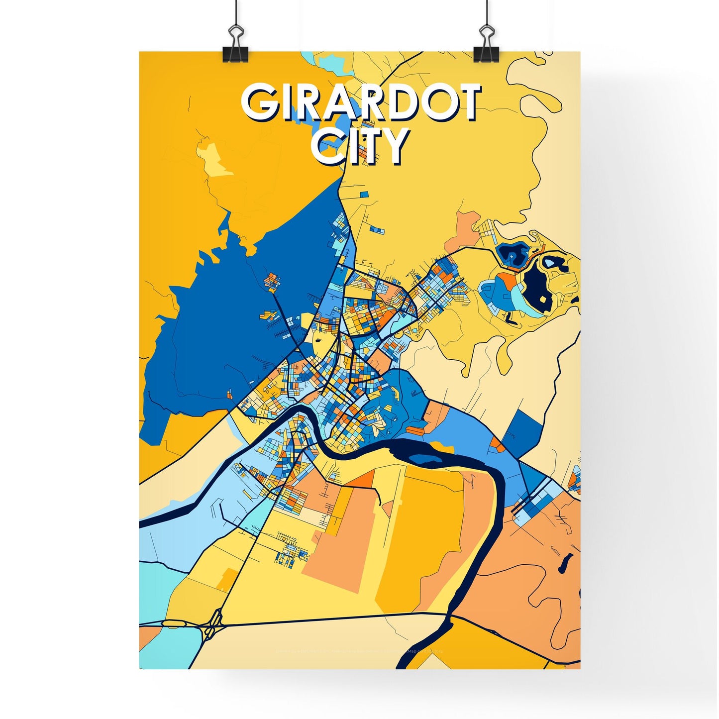 GIRARDOT CITY COLOMBIA Vibrant Colorful Art Map Poster Blue Orange