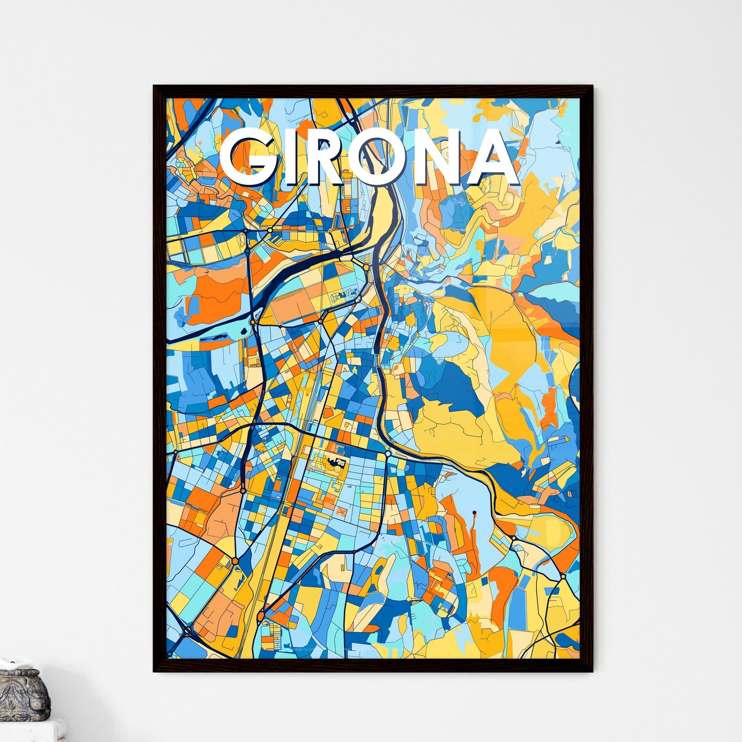 GIRONA SPAIN Vibrant Colorful Art Map Poster Blue Orange