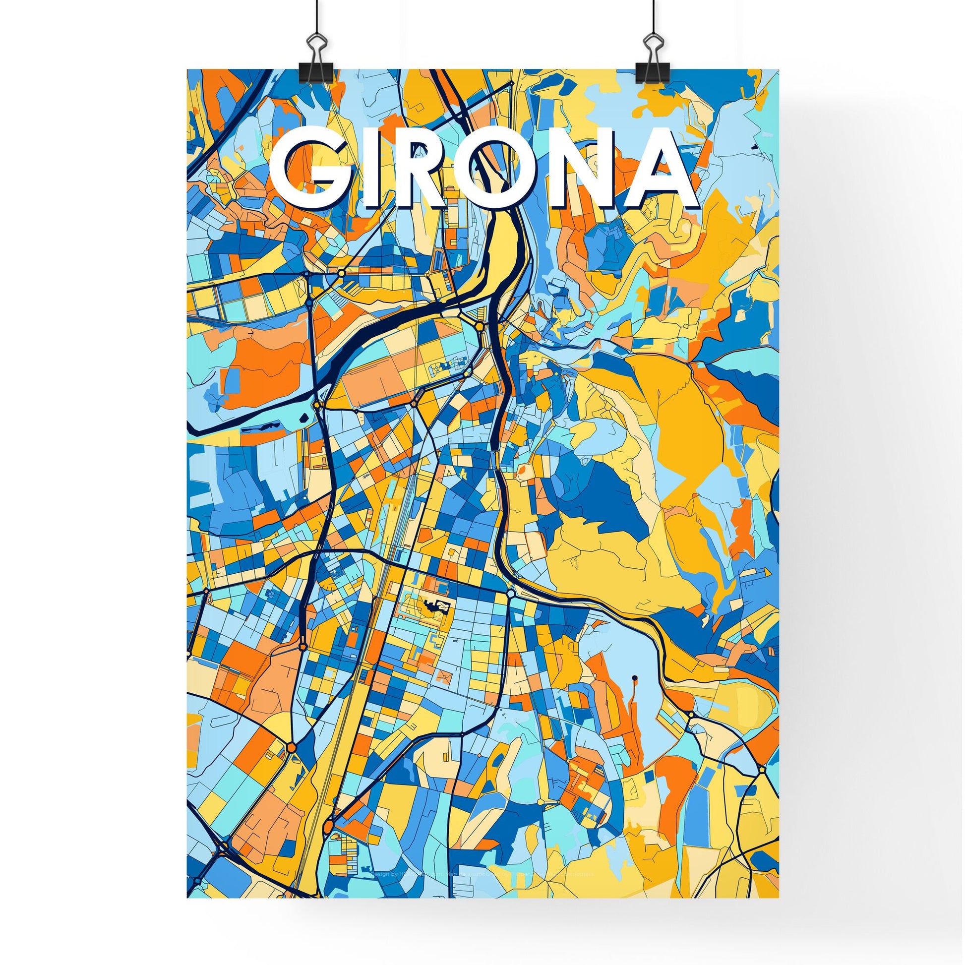 GIRONA SPAIN Vibrant Colorful Art Map Poster Blue Orange