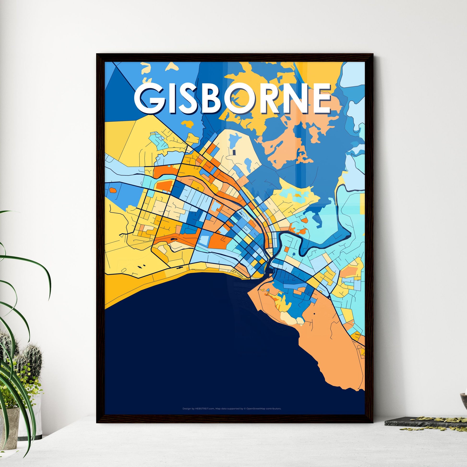 GISBORNE NEW ZEALAND Vibrant Colorful Art Map Poster Blue Orange