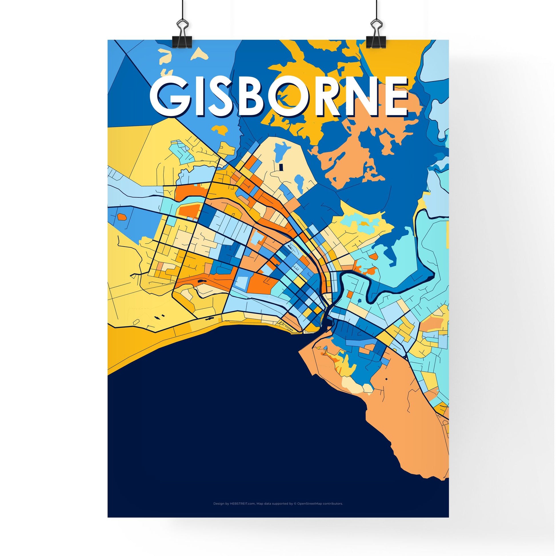 GISBORNE NEW ZEALAND Vibrant Colorful Art Map Poster Blue Orange