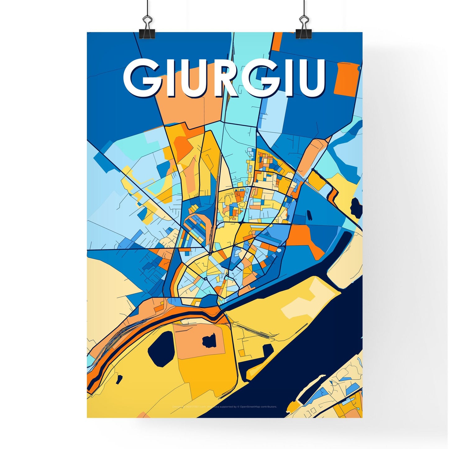 GIURGIU ROMANIA Vibrant Colorful Art Map Poster Blue Orange