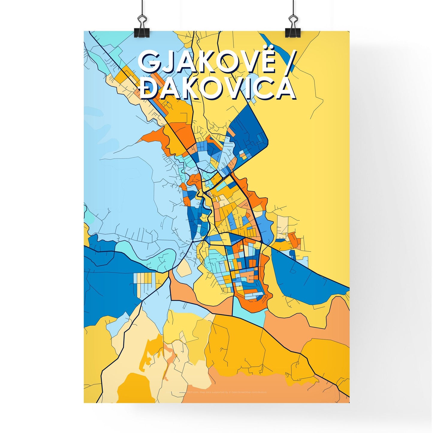 GJAKOVË / ĐAKOVICA KOSOVO Vibrant Colorful Art Map Poster Blue Orange