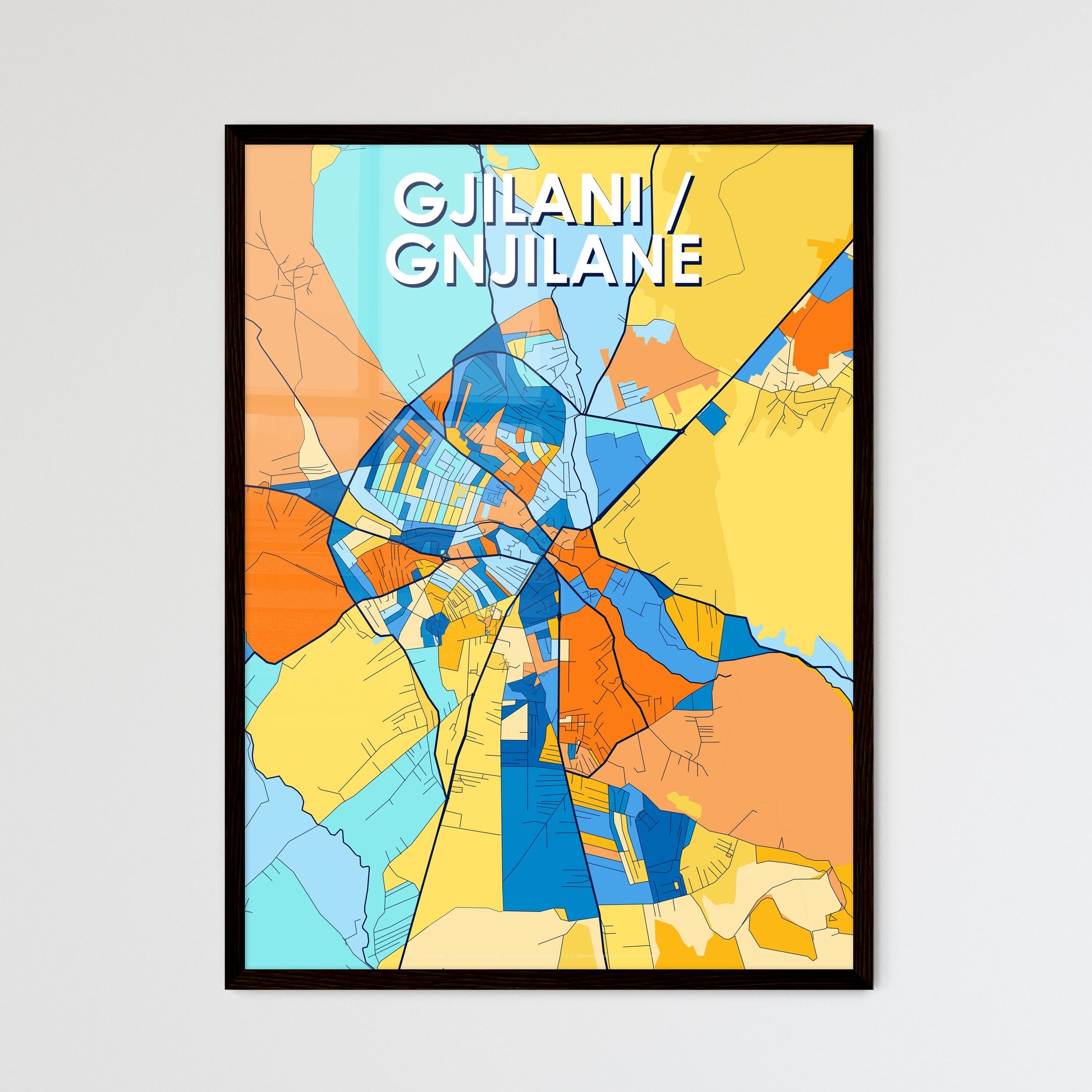 GJILANI / GNJILANE KOSOVO Vibrant Colorful Art Map Poster Blue Orange