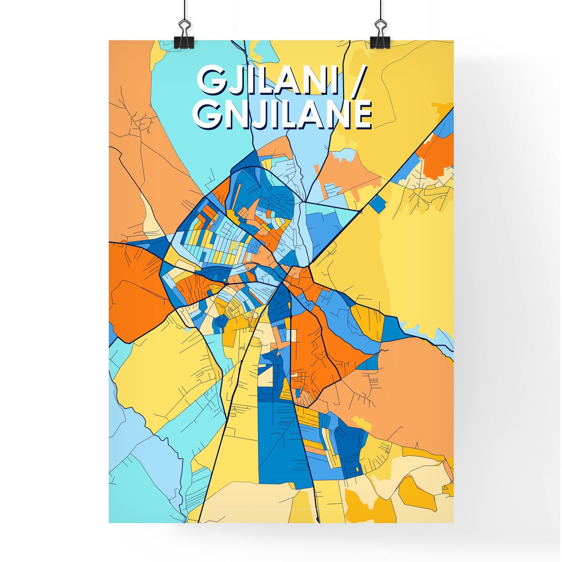 GJILANI / GNJILANE KOSOVO Vibrant Colorful Art Map Poster Blue Orange