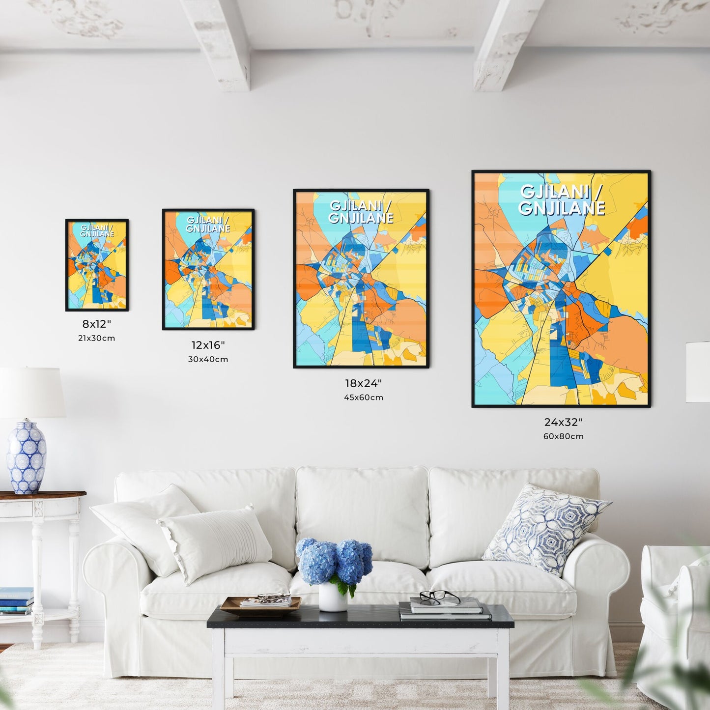 GJILANI / GNJILANE KOSOVO Vibrant Colorful Art Map Poster Blue Orange