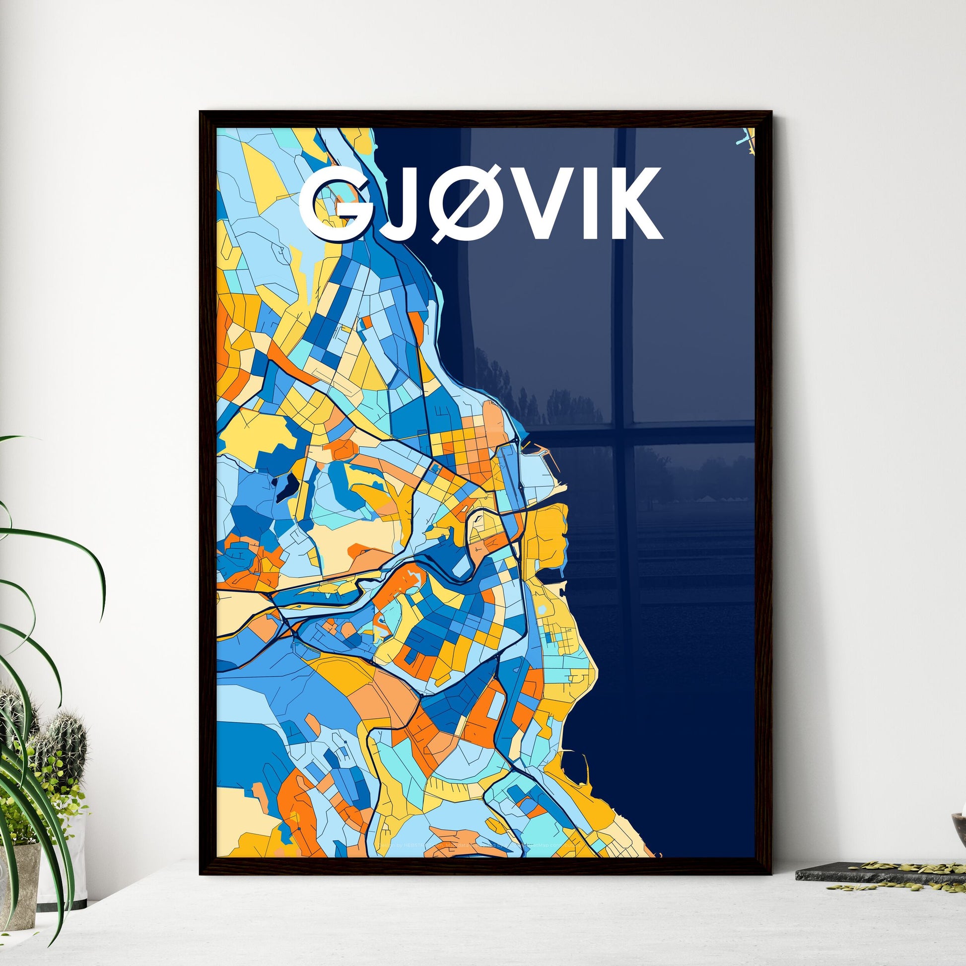 GJØVIK NORWAY Vibrant Colorful Art Map Poster Blue Orange