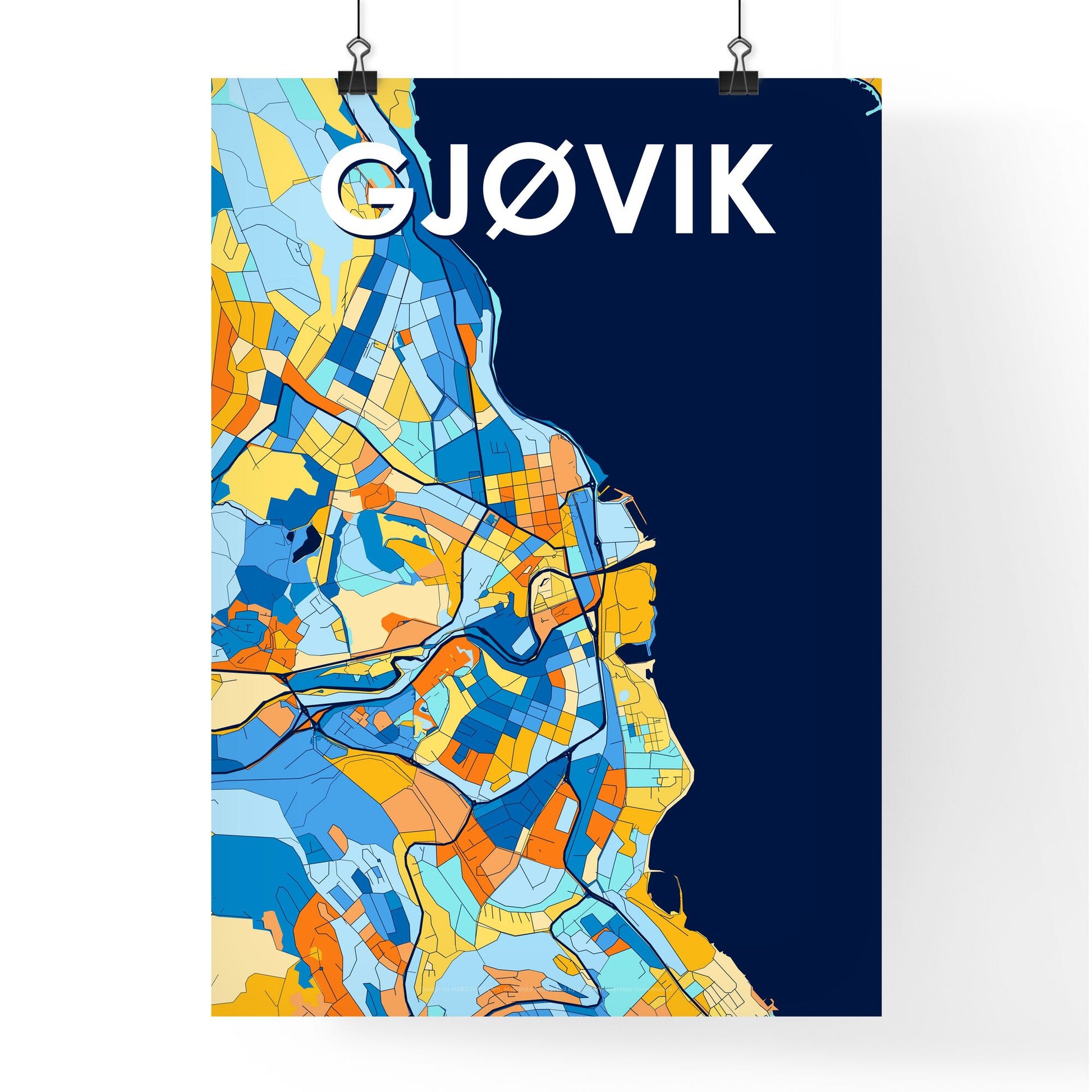 GJØVIK NORWAY Vibrant Colorful Art Map Poster Blue Orange