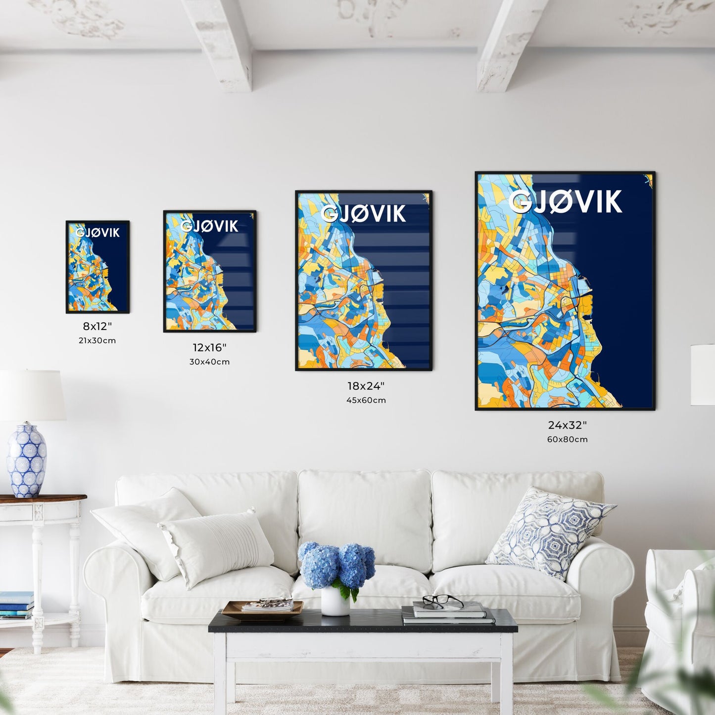 GJØVIK NORWAY Vibrant Colorful Art Map Poster Blue Orange