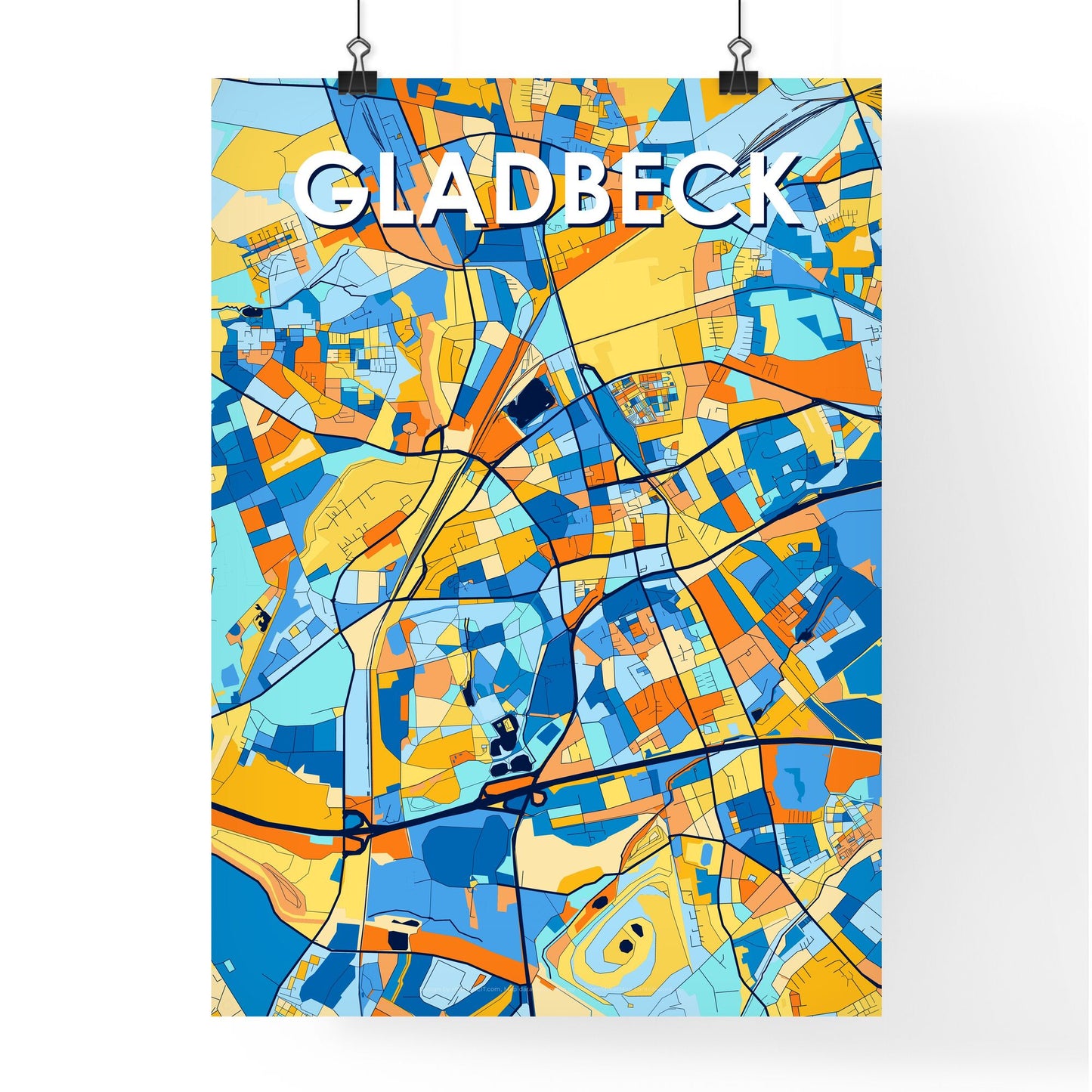 GLADBECK GERMANY Vibrant Colorful Art Map Poster Blue Orange