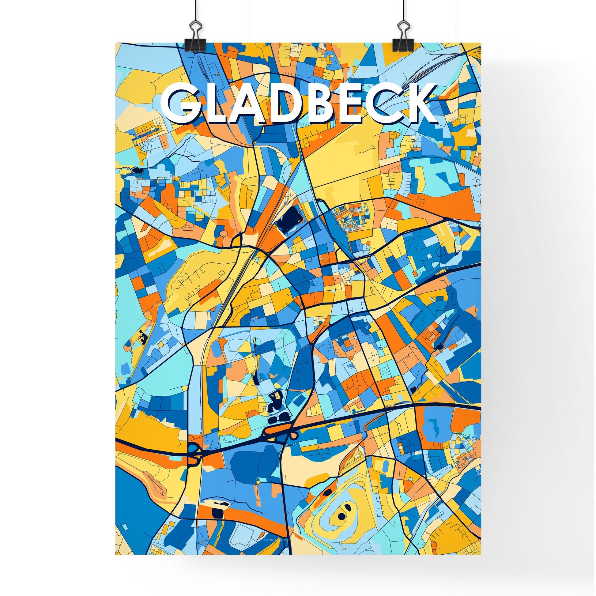 GLADBECK GERMANY Vibrant Colorful Art Map Poster Blue Orange