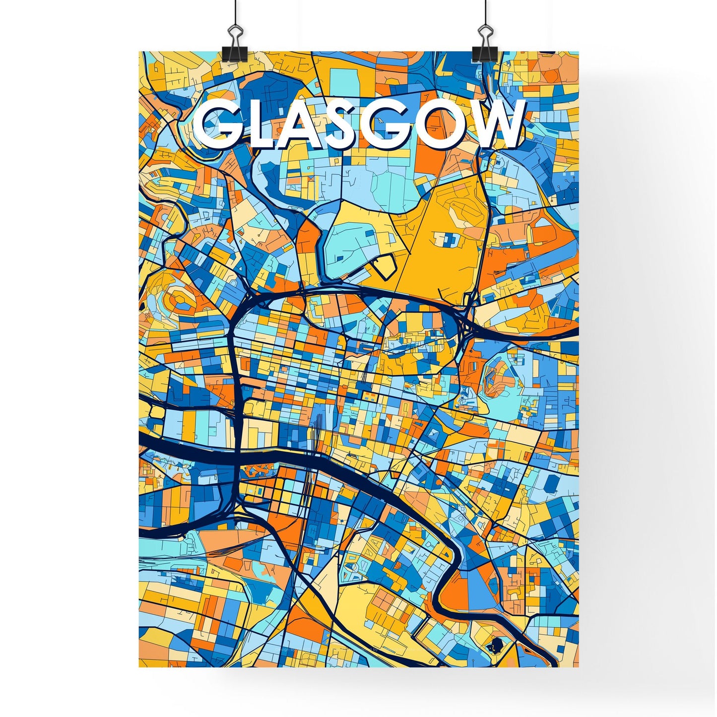 GLASGOW SCOTLAND Vibrant Colorful Art Map Poster Blue Orange